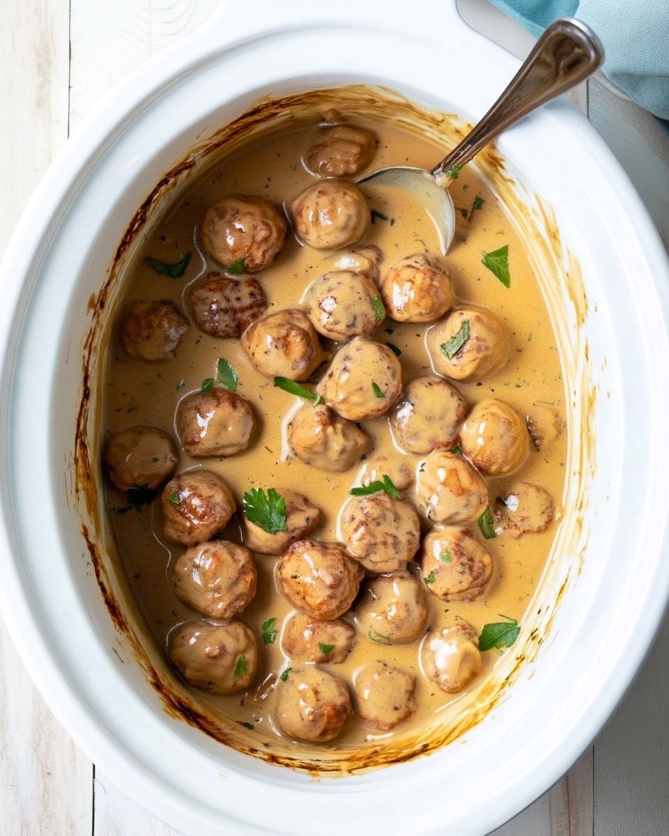 A white oval slow cooker filled with two layers of round, browned meatballs covered in thick, light brown creamy sauce. The sauce is smooth with a slightly glossy texture and has small specks of seasoning. Scattered fresh green parsley leaves sit on top, adding pops of color. A silver spoon rests inside the slow cooker, partially dipped in the sauce, with its handle leaning against the side. The slow cooker is placed on a white marbled surface. photo taken with an iphone --ar 4:5 --v 7
