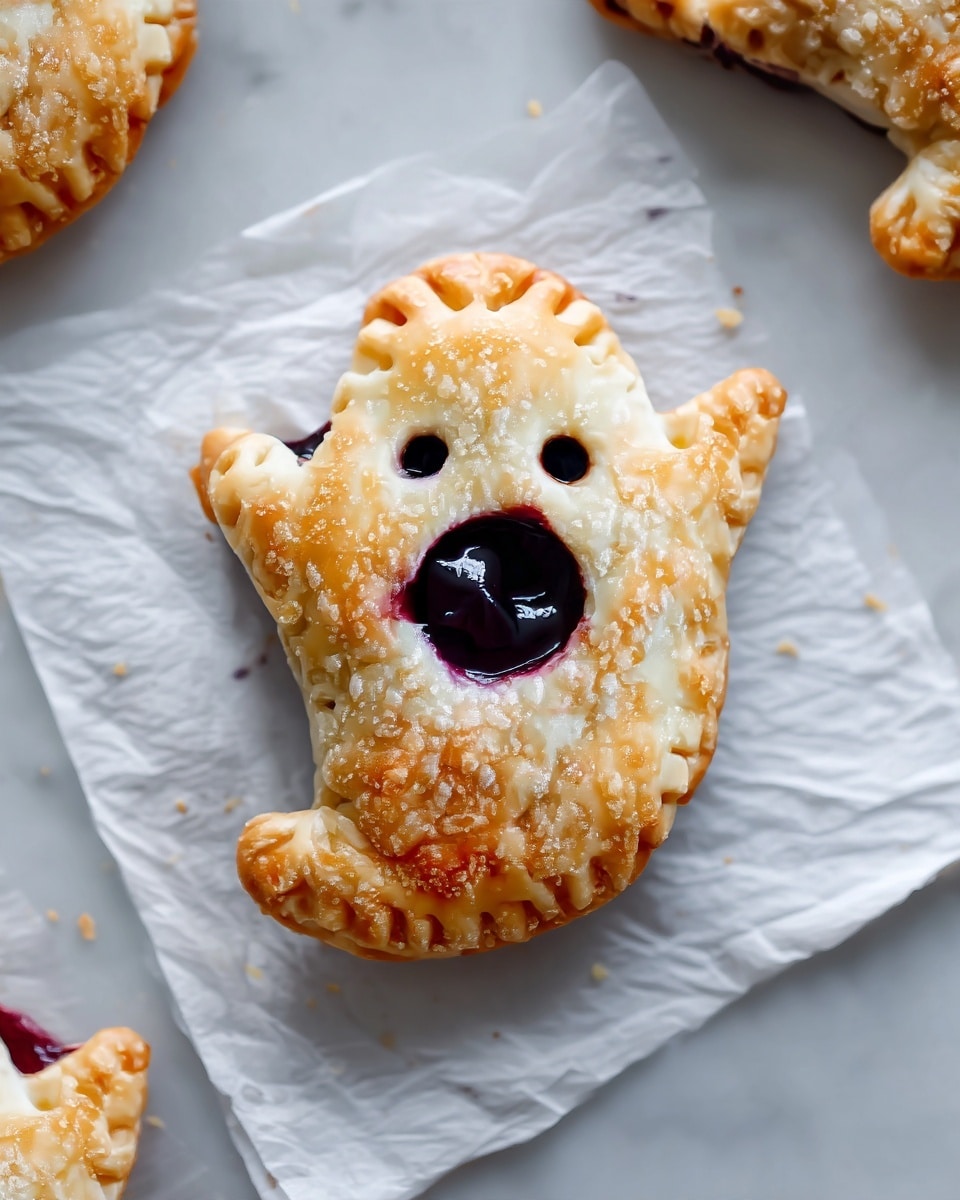 The image shows a small ghost-shaped pastry on white baking paper placed on a white marbled surface. The pastry has a golden-brown, slightly crunchy textured crust with small holes for eyes and a larger round hole right below them filled with dark purple-blue jelly or jam. The edges of the pastry are crimped in a neat pattern, giving it a defined shape with raised arms and a rounded bottom, resembling a playful ghost figure. Around the pastry, there are tiny brown spots from baking. photo taken with an iphone --ar 4:5 --v 7