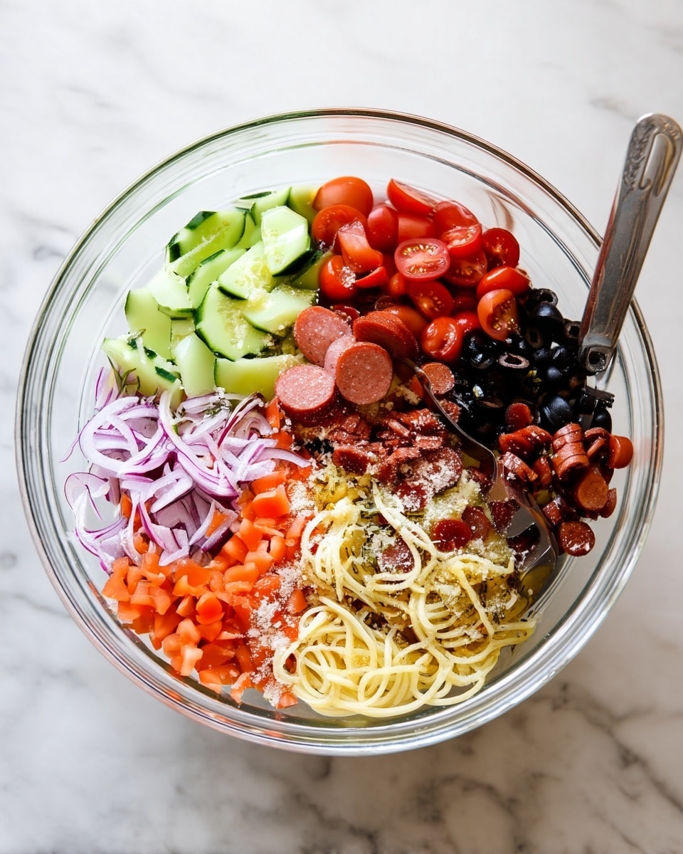 The image shows a large metal pot filled with several fresh ingredients arranged in separate sections. There is bright yellow corn cut into small pieces on one side, next to shredded white cabbage. Thin slices of purple cabbage and carrot sticks are placed close together, with green leafy herbs giving a fresh contrast. In the middle of all these, there is a thick, creamy light brown sauce spread on top, holding the ingredients together. The pot sits on a white marbled surface. Photo taken with an iphone --ar 4:5 --v 7