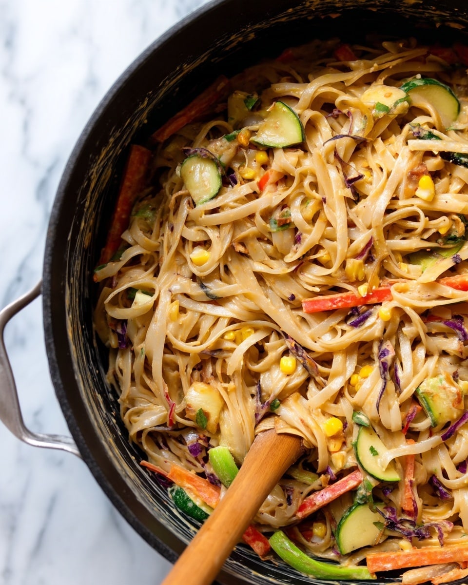 The image shows a close-up of a large black cooking pot filled with a colorful stir-fry dish. The dish has one main layer of wide rice noodles in a light beige color, mixed with bright orange carrot sticks, small green pieces of zucchini, yellow corn kernels, and bits of purple cabbage. The noodles and vegetables are coated in a creamy sauce with a slightly glossy texture. A wooden spoon is partially visible on the left side inside the pot, stirring the mixture. The background is a white marbled texture. Photo taken with an iphone --ar 4:5 --v 7