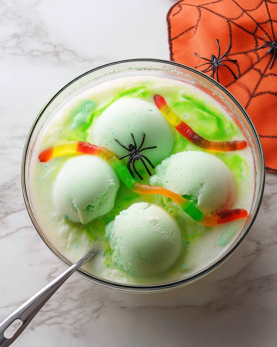 A clear glass bowl filled with a light green, frothy drink that has several scoops of pale green ice cream floating on top. Bright green syrup or liquid is swirled throughout the froth, creating a marbled effect. There are a few gummy worms in red, orange, yellow, and green colors partially immersed in the drink. Two small black plastic spider decorations sit on the surface and one is also on the white marbled countertop. A metal ladle with a round hole in the handle rests inside the bowl. The bowl is placed on a white marbled surface with part of an orange cloth featuring black spiderweb patterns visible underneath. Photo taken with an iphone --ar 4:5 --v 7