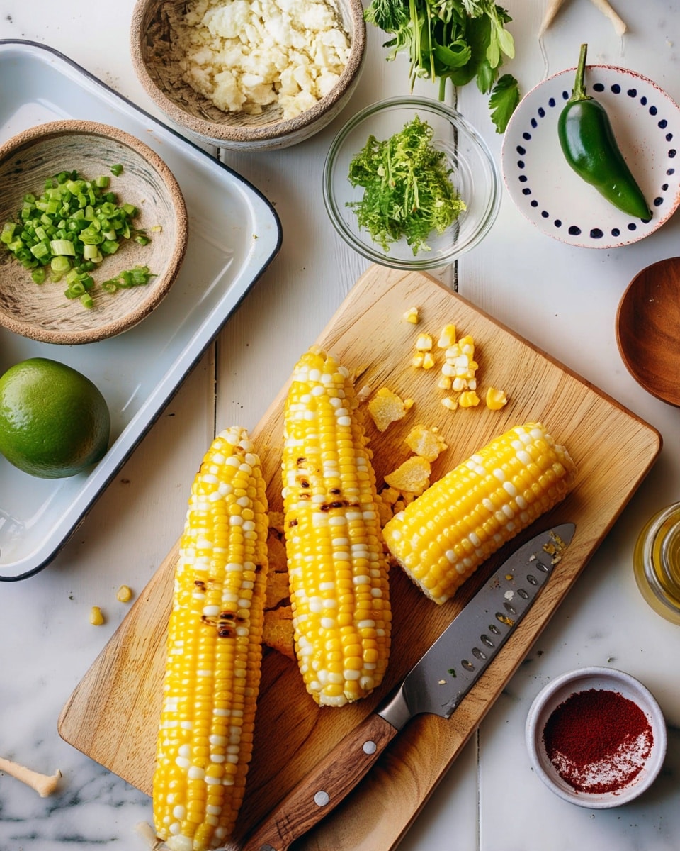 The image shows a food prep scene with a wooden board on the right holding a yellow and white ear of grilled corn partially sliced, with many small kernels scattered around. A knife with a wooden handle rests horizontally at the bottom of the board. To the left, a white tray holds three grilled corn ears with some char marks. Around the board, there are small bowls and plates containing ingredients: green chopped scallions in a brown bowl at top left, crumbled white cheese in a stone bowl at center, bright green lime zest in a clear glass bowl to the right of the cheese, and a green lime below the zest bowl. A white plate with a jalapeño is at the top right corner, and a very small bowl with red chili powder is at the bottom left corner. All items are set on a white marbled surface. Photo taken with an iphone --ar 4:5 --v 7
