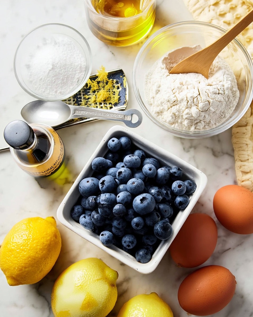 A close-up of several baking ingredients placed on a white marbled surface, featuring a white square bowl filled with fresh blueberries at the center. Surrounding this are a large clear bowl filled with white flour and a wooden spoon on the right, two brown eggs near a light yellow textured cloth on the upper right, and a glass bowl with white powdered sugar in the upper left. Additional items include a small glass bowl with granulated sugar, a metal zester with lemon peel, two whole yellow lemons at the bottom left, a vanilla extract bottle with a black cap, and a round glass bottle filled with golden olive oil behind the blueberries. Photo taken with an iphone --ar 4:5 --v 7