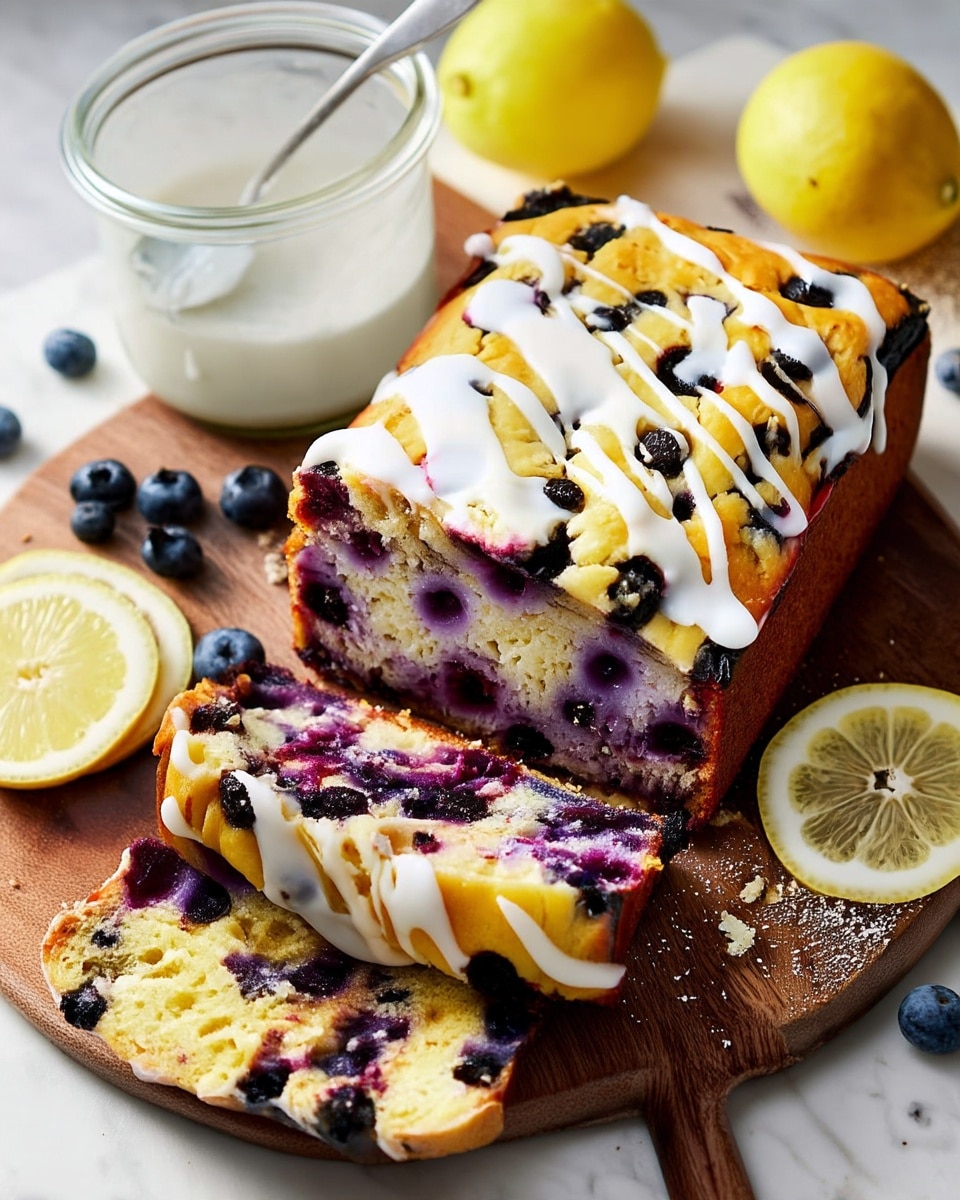 A loaf of blueberry lemon cake sits on a wooden board on a white marbled surface. The cake has a golden brown top with dark blue blueberries scattered throughout and a thick white icing drizzled across the top and slices. Three slices are cut and laid flat in front of the loaf, showing the inside layers filled with purple and dark blue blueberries embedded in the light yellow moist cake. Around the board are lemon halves, thin lemon slices, a few loose blueberries, and a jar with white icing and a spoon inside. photo taken with an iphone --ar 4:5 --v 7