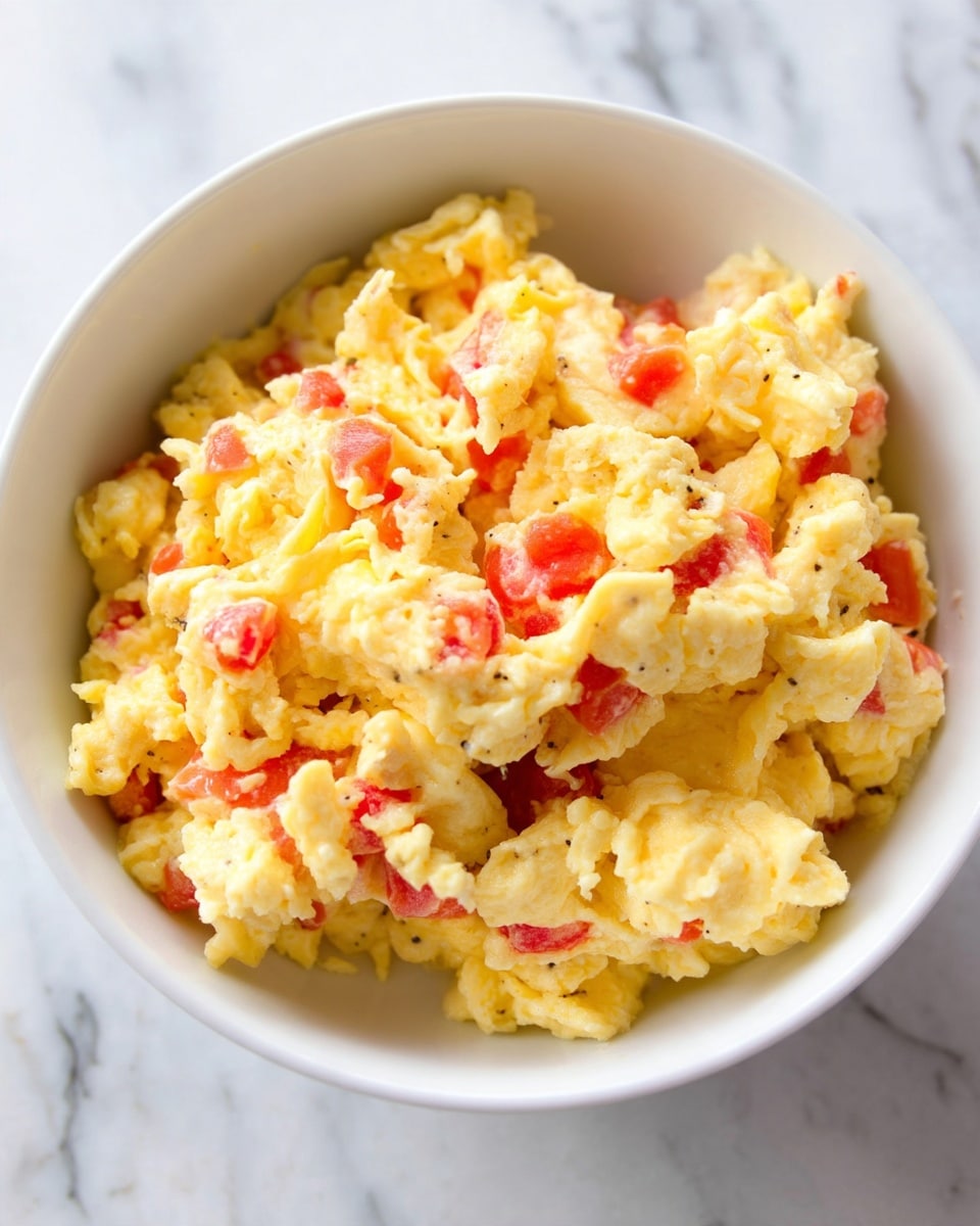 A white bowl filled with soft, fluffy scrambled eggs that have a light yellow color mixed with small pieces of bright red diced tomatoes scattered evenly throughout. The eggs have a slightly moist texture with gentle folds and curves, sitting on a white marbled surface. photo taken with an iphone --ar 4:5 --v 7