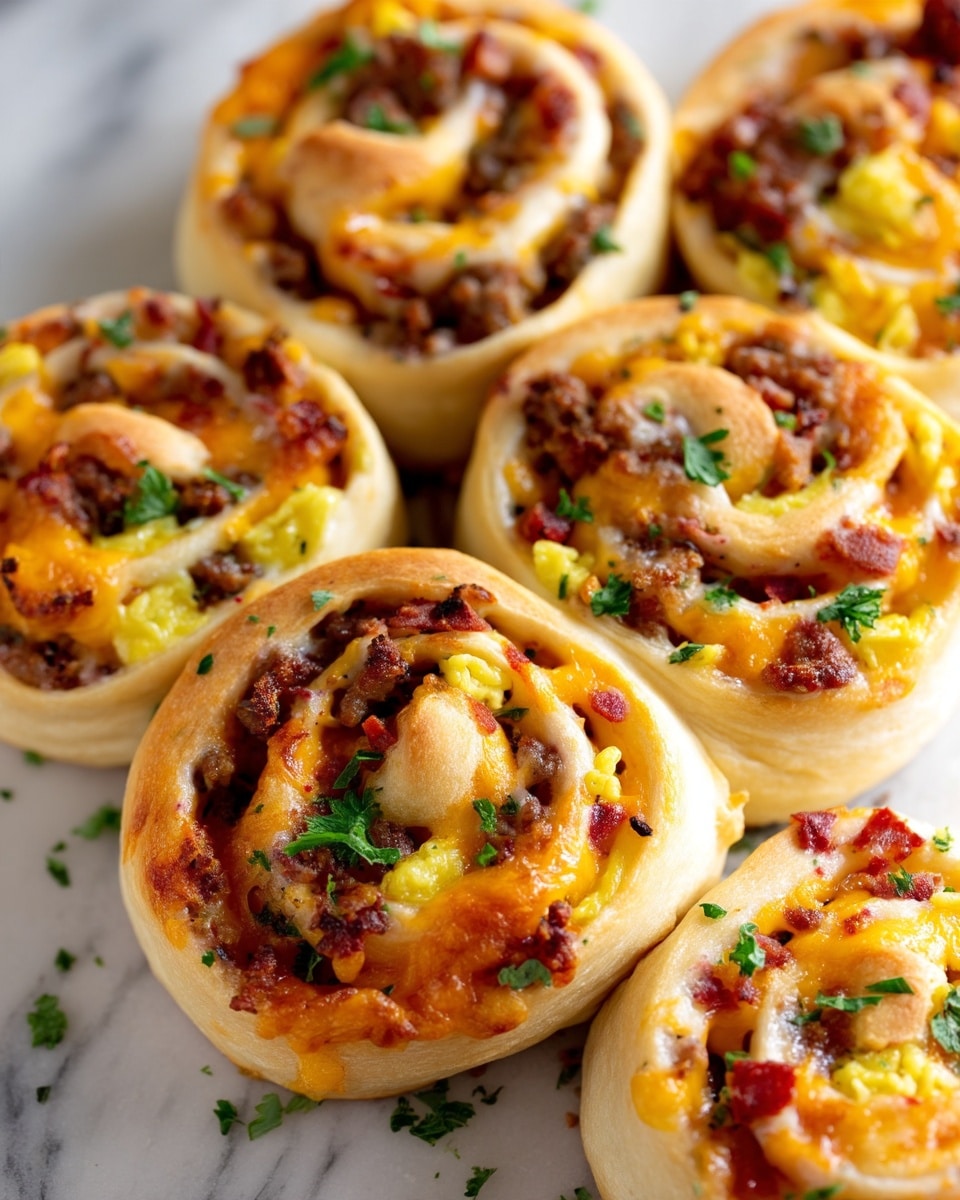 The image shows a metal tray filled with twelve savory pinwheel rolls arranged in close rows. Each roll has three visible layers: the outer layer is light golden brown dough, the middle layer is a mix of cooked ground meat and small pieces of red bits, and the inner layer is a bright yellow scrambled egg mixture with melted orange cheese swirled inside. The pinwheels are topped with small green herb sprinkles, adding a pop of color. The tray sits on a white marbled surface with some wooden chopsticks nearby. Photo taken with an iphone --ar 4:5 --v 7