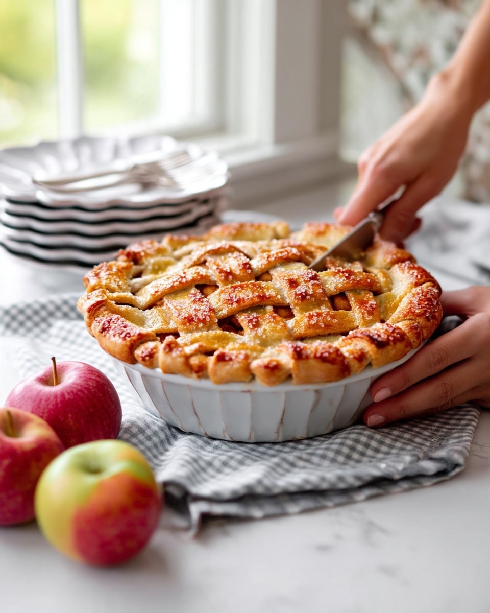 A golden-brown lattice topped pie with sugar crystals sprinkled on top sits in the center of a white pie dish. The lattice crust is thick and rustic, showing a warm, caramelized texture with a slightly shiny finish. A woman's hand holds the pie dish on the right side while another woman's hand uses a knife to gently make a slice on the top. The pie rests on a white plate with a soft gray checkered cloth underneath, alongside three red and green apples in the foreground, all placed on a white marbled surface. In the background, there are stacked white plates and silver forks slightly out of focus, with soft natural light coming from a window. Photo taken with an iphone --ar 4:5 --v 7