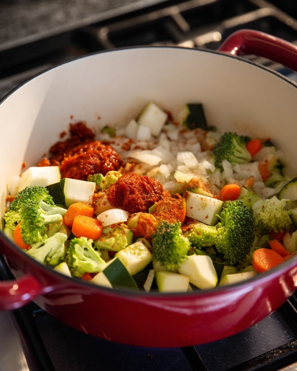 A white pot with a smooth inside surface and red outside holds a cooking process in two stages. The first stage shows small white onion pieces with some light brown seasoning scattered on top, creating a soft textured layer at the bottom of the pot. The second stage adds a colorful mix of chopped vegetables with varied textures and shapes: bright green broccoli florets, sliced orange carrots, and white and dark green chunks of zucchini, over the onions. On top of the vegetables there are dollops of thick, red paste and brown seasoning spread unevenly. The pot is placed on a stove with a blurred dark background. photo taken with an iphone --ar 4:5 --v 7