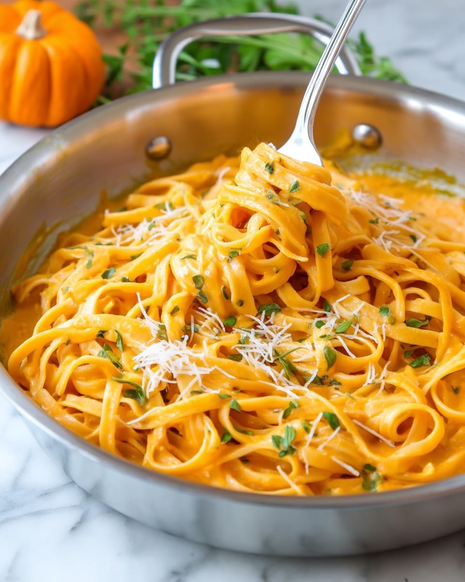 The image shows a close-up of creamy orange pasta in a silver pan, with two silver forks twirling some of the noodles in the center. The fettuccine noodles are coated fully in the thick sauce, which has a smooth texture. Small green herb pieces and some sprinkled shredded white cheese are scattered on top, adding color contrast. In the background, there is a blurred small orange pumpkin and green leaves, set on a white marbled surface. photo taken with an iphone --ar 4:5 --v 7