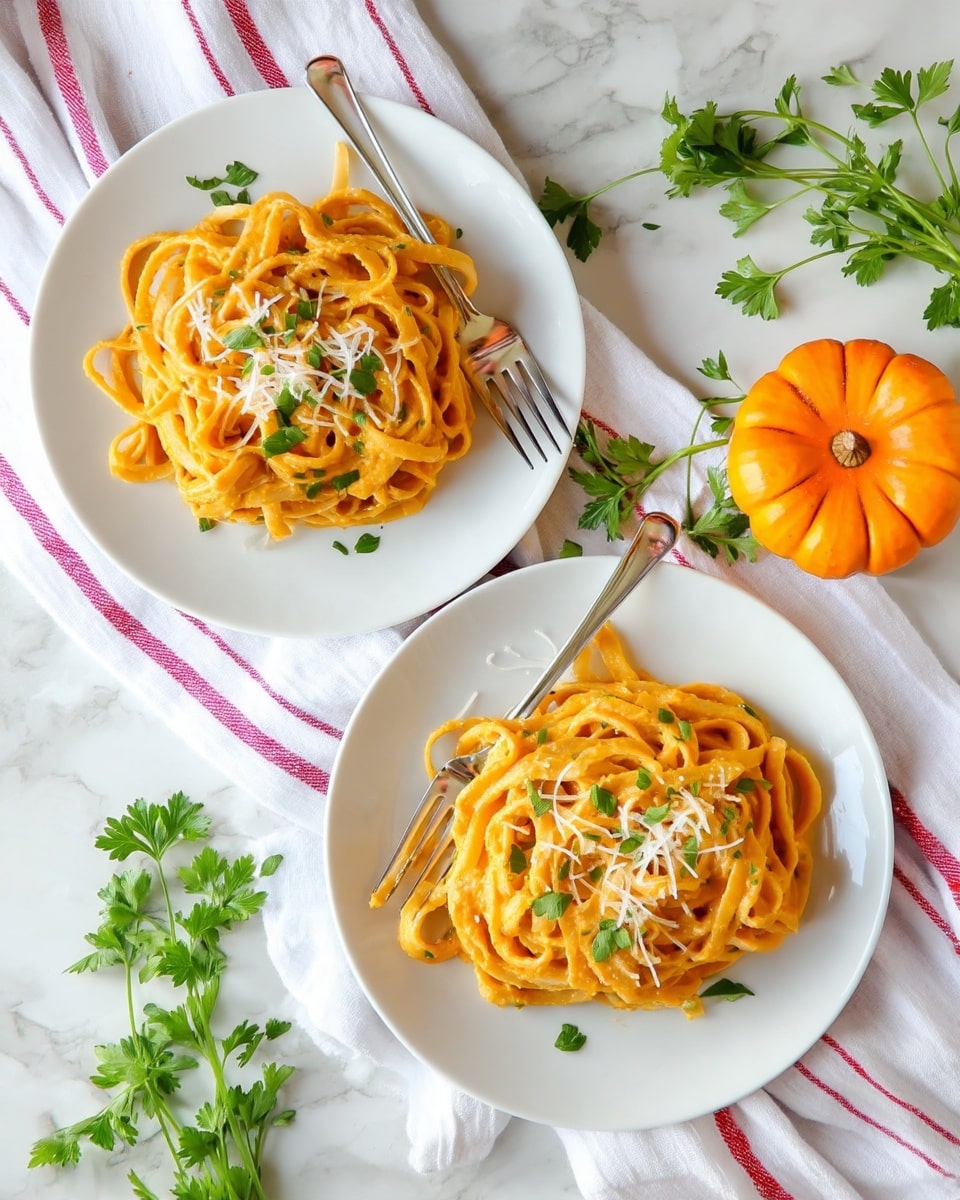 Two white plates each hold a serving of creamy orange pasta, with visible strands of fettuccine coated evenly in sauce. The pasta is topped with small shreds of white cheese and sprinkled with green chopped parsley for color. A silver fork rests on each plate, angled diagonally with its prongs touching the pasta. The background is a white marbled surface with soft natural light, alongside two small orange pumpkins and fresh green parsley sprigs scattered around on a white cloth with red stripes. photo taken with an iphone --ar 4:5 --v 7