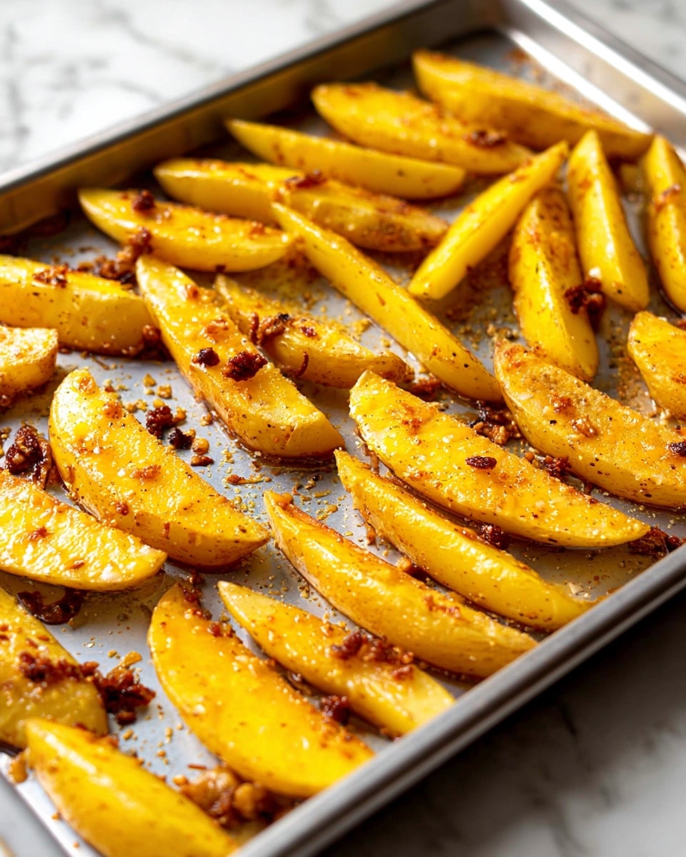 The image shows a close-up of many golden-brown potato wedges with crispy edges and some dark grill marks, sprinkled with small green herb pieces scattered on them. The wedges have a slightly rough texture with visible seasoning. In the top right corner, there is a white bowl filled with bright red ketchup, sitting on a dark surface. The overall look is warm and inviting with the wedges piled closely together filling most of the frame. Photo taken with an iphone --ar 4:5 --v 7