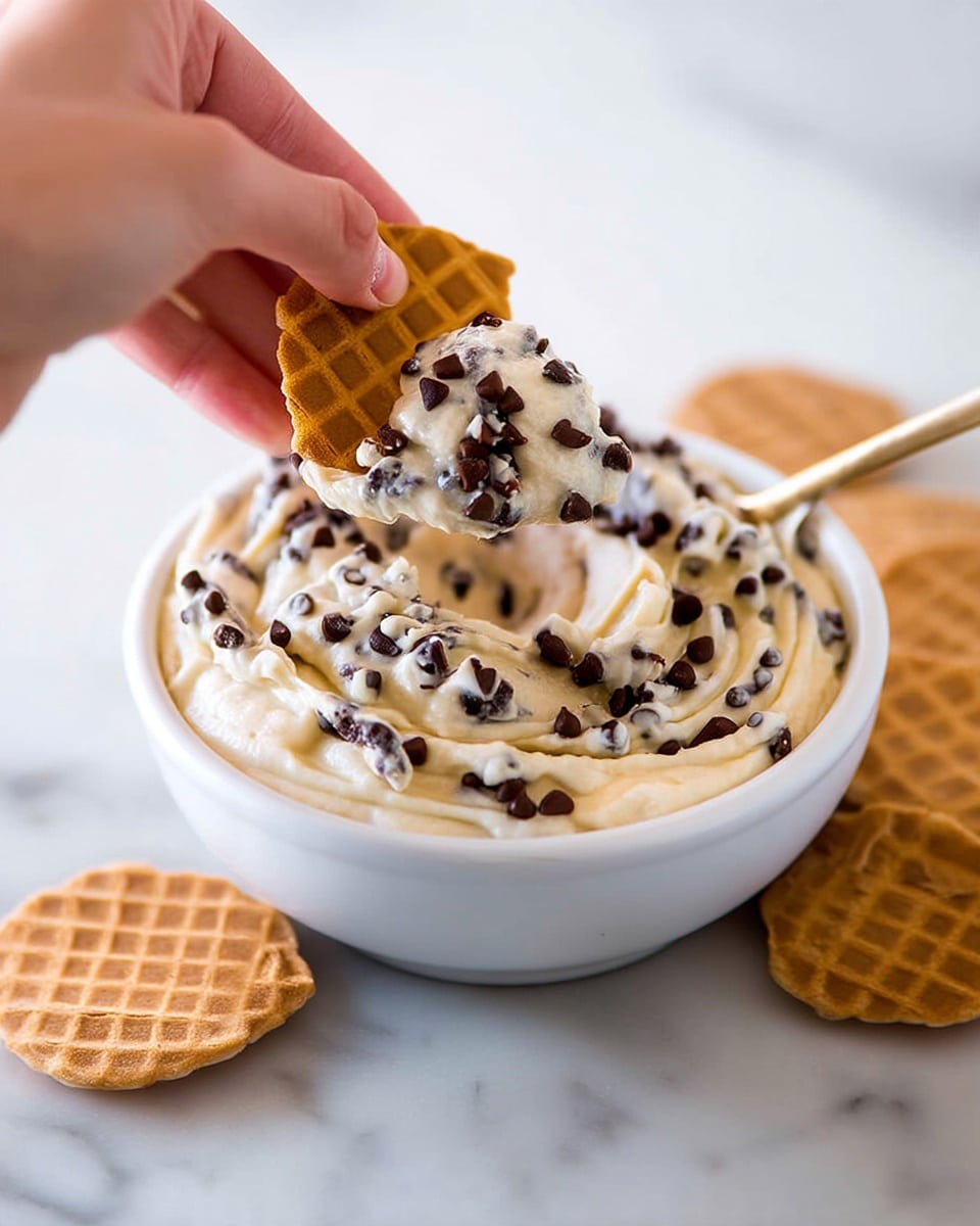 A white bowl filled with one thick creamy layer of light beige dip mixed with dark chocolate chips spread evenly on top and throughout, with a woman's hand holding a light brown waffle cookie lifting a spoonful of the dip. Around the bowl, several light brown waffle cookies lie flat on a white marbled surface. The overall look is soft, creamy, and textured with bits of chocolate chips and the waffle surface grid showing clearly photo taken with an iphone --ar 4:5 --v 7
