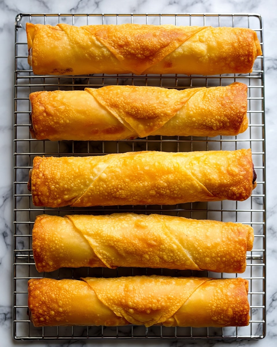 The image shows five golden-brown rolled pastries arranged in two rows on a cooling rack. Each roll is uniformly shaped with smooth, lightly crispy skin featuring subtle diagonal lines from the rolling process. The pastries have a warm, evenly baked texture with a slightly shiny surface that suggests freshness. The background is a white marbled surface which adds a clean and bright feel to the image. The focus is sharp on the rolls, highlighting their crispy edges and smooth finish. photo taken with an iphone --ar 4:5 --v 7