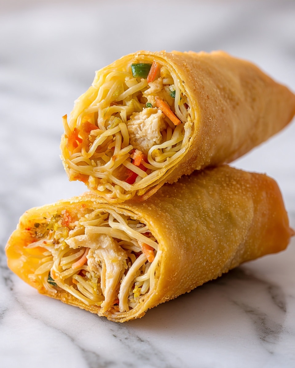 The image shows two spring rolls stacked on a white marbled surface, with one spring roll cut in half to reveal its inside. The outside wrapper is golden brown and crispy. Inside, there are layers of thin light yellow noodles mixed with small pieces of light beige chicken, orange carrot shreds, and some pale green vegetable bits, all tightly packed. The spring rolls have a rough texture on the outside and a more tangled texture inside from the noodles. Photo taken with an iphone --ar 4:5 --v 7