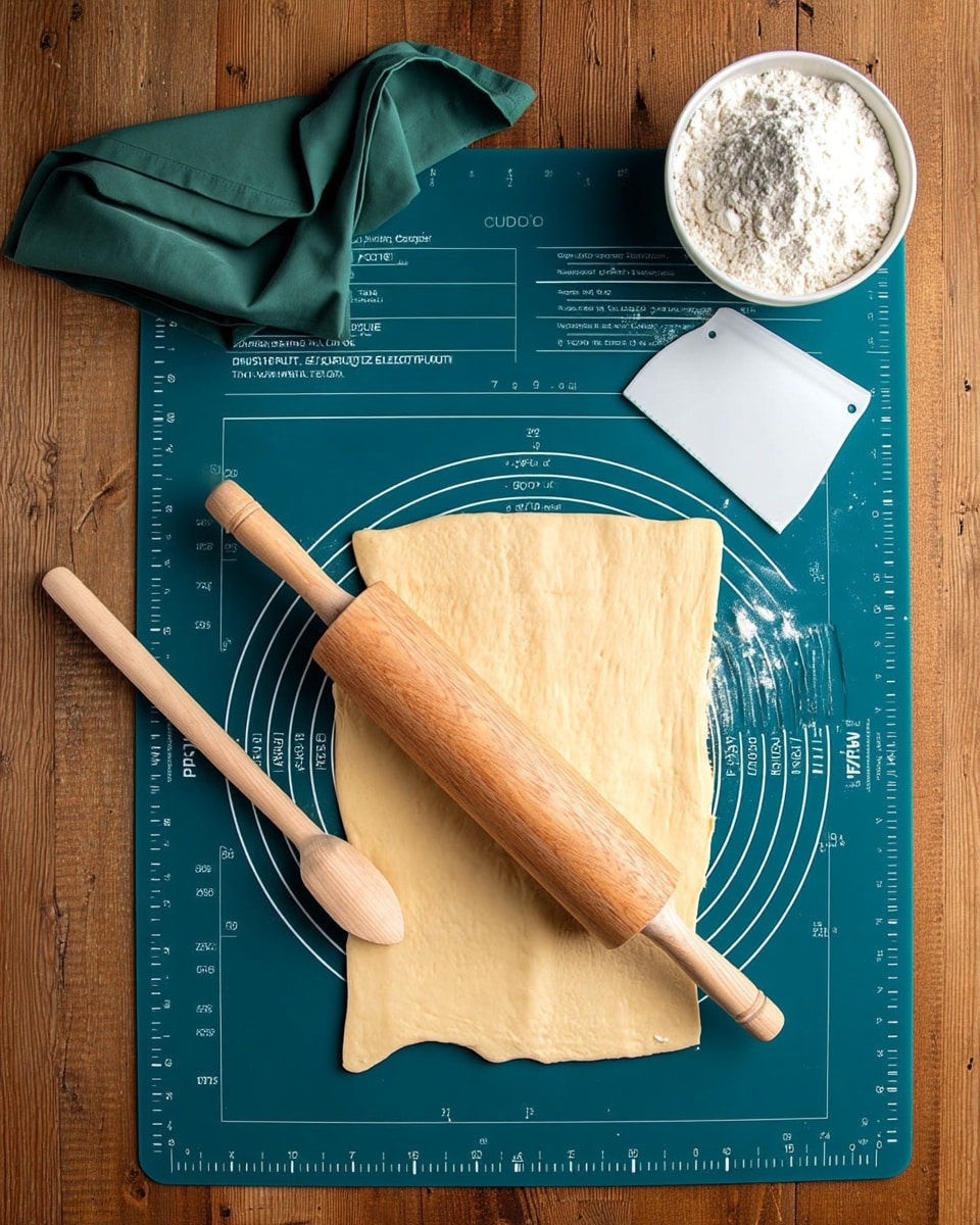 A rectangular piece of light beige dough is rolled out on a blue rolling mat with white measurement markings. To the left of the dough, a wooden rolling pin lies horizontally, and above the dough, there is a small white bowl filled with flour. A white dough scraper is placed to the right of the dough. In the top left corner, a dark green cloth is casually folded. The entire setup is positioned on a wooden surface. photo taken with an iphone --ar 4:5 --v 7