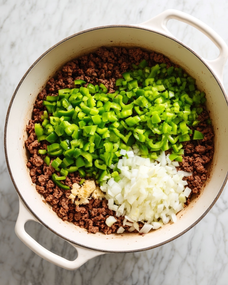 Inside a white cast iron pot, there is one main bottom layer of cooked brown ground meat, topped with three separate piles: on the left, bright green chopped bell peppers; on the right, white chopped onions; and at the bottom near the center, a small mound of minced light beige garlic. The pot is set on a stove with a white marbled texture surface visible at the edges. Photo taken with an iphone --ar 4:5 --v 7