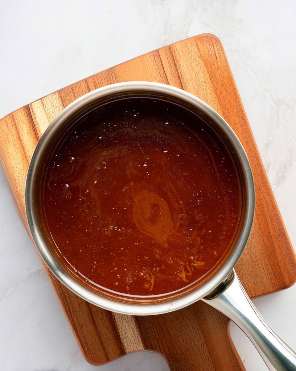 A stainless steel pot filled with a shiny, smooth brown sauce sits on top of a light wooden cutting board, which rests on a white marbled surface. The sauce has a few small bubbles and slight swirls, showing its thick texture. The pot handle points outward to the right, and the overall top view highlights the rich, even color of the sauce. photo taken with an iphone --ar 4:5 --v 7