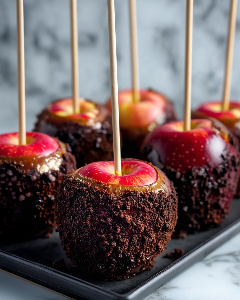 The image shows five caramel apples with a thick, dark chocolate crumb coating covering the lower two-thirds of each apple, leaving the top third of the apple’s shiny red and yellow skin visible. Each apple is pierced by a long light wooden stick centered at the top, standing upright. The apples sit on a black tray, with a white marbled surface blurred in the background. The overall look is glossy on top with rough, crumbly dark texture on the bottom. Photo taken with an iphone --ar 4:5 --v 7