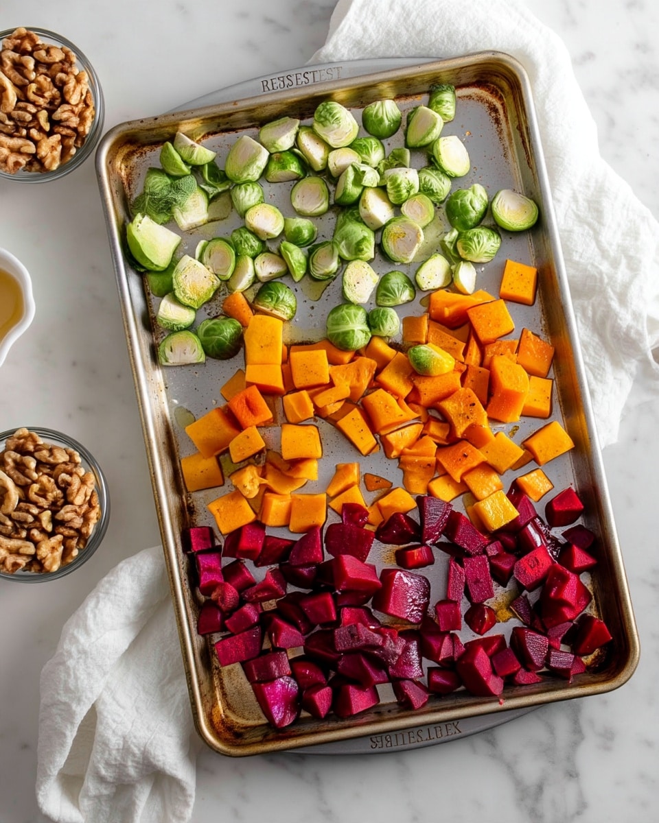 A metal baking tray filled with three sections of chopped vegetables arranged in rows: bright green Brussels sprouts sliced in half at the top, orange chunks of butternut squash in the middle, and deep red cubed beets at the bottom, all seasoned with black pepper and a touch of oil. To the left, a small clear glass bowl holds whole walnuts, while a small white bowl is partially visible below it. The tray sits on a white marbled surface with a white cloth draped nearby. Photo taken with an iphone --ar 4:5 --v 7