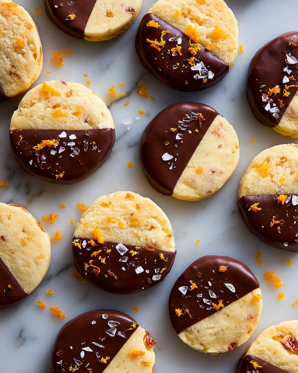 The image shows multiple round cookies spread out on a white marbled surface. Each cookie has a light golden color with small bits of orange zest embedded within the dough. Half of each cookie is dipped evenly in smooth dark brown chocolate, creating a clean two-tone effect. The chocolate side is decorated with small flakes of salt and tiny pieces of orange zest scattered on top. The cookies are placed close to each other without overlapping. photo taken with an iphone --ar 4:5 --v 7
