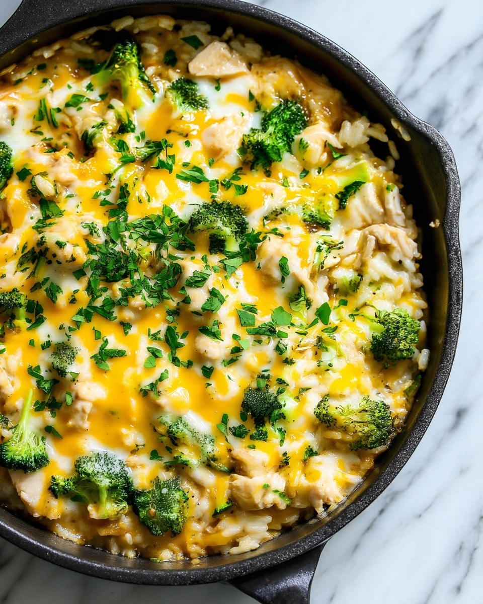 A close-up view of a skillet filled with a creamy rice and chicken bake layered with broccoli pieces, melted yellow and white cheese spread evenly on top, and garnished with chopped fresh green herbs. The melted cheese forms a bubbly, slightly browned layer covering the mixed ingredients, creating a rich texture. The dish is placed on a white marbled surface. photo taken with an iphone --ar 4:5 --v 7