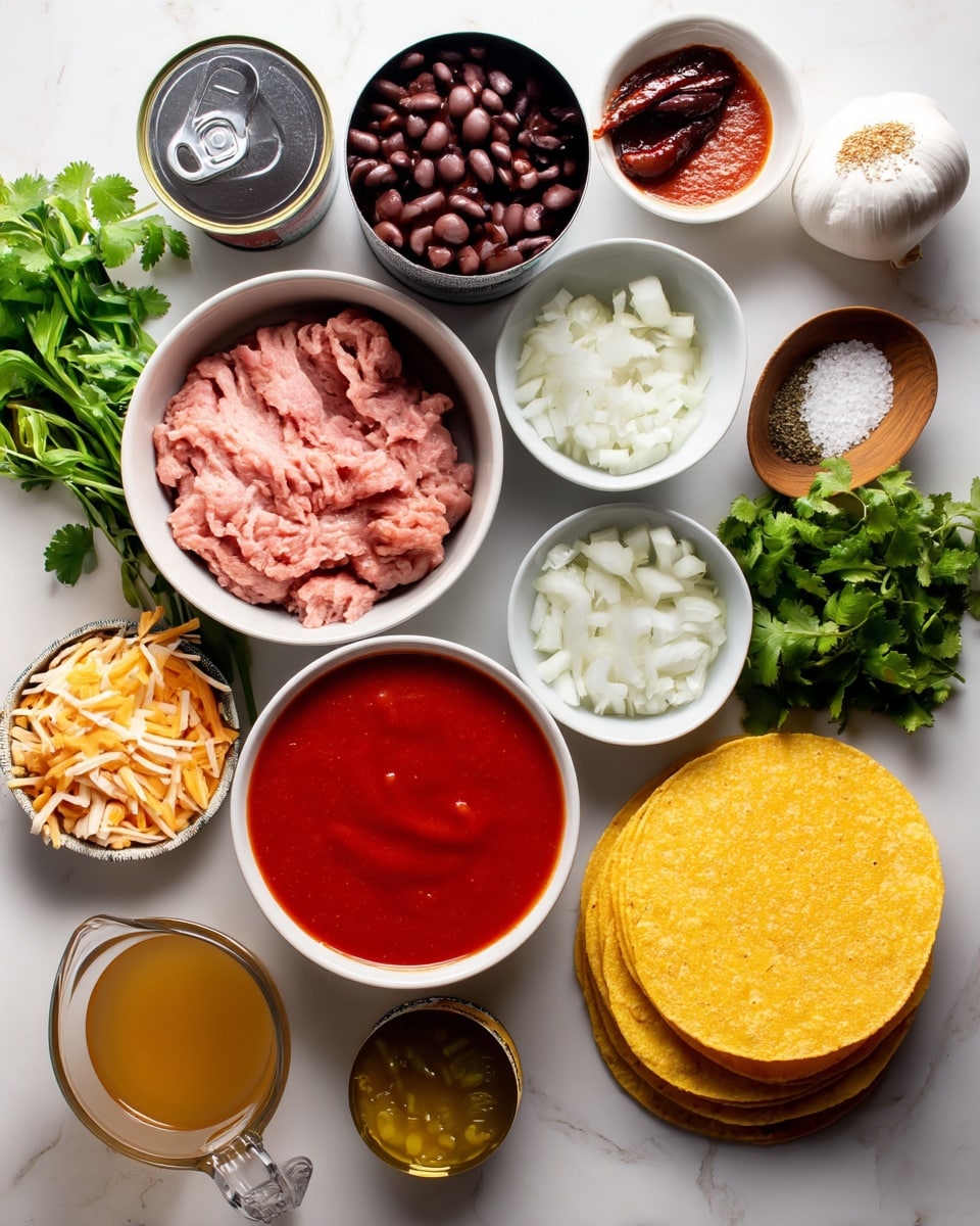 The image shows a flat lay of various ingredients arranged on a white marbled surface. There are six soft yellow corn tortillas stacked on the right. Next to them, there is a bulb of garlic and a small white bowl filled with chopped white onions. Above these is a small white bowl with a dark red paste. In the center, a white bowl holds raw light pink ground meat. To the left of this are two opened cans, one with dark black beans and the other with a bright red sauce. Below them, a white bowl holds a smooth bright red tomato sauce. A bunch of fresh green cilantro lies nearby. There is also a small glass cup with light brown broth. A small white bowl contains chopped green chilies. Several small white and wooden bowls contain mixed spices and shredded yellow and white cheese. photo taken with an iphone --ar 4:5 --v 7