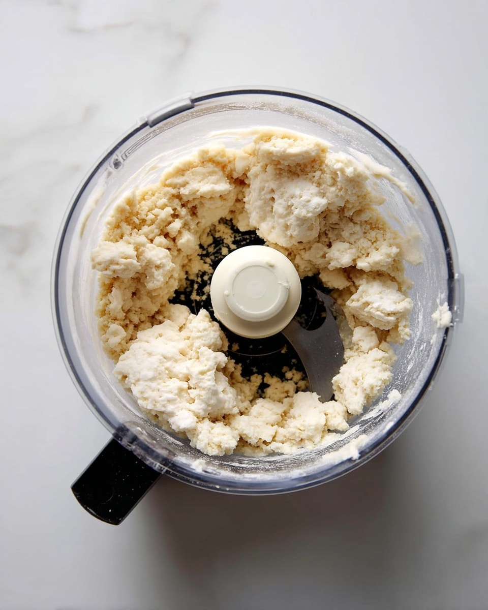 Inside a clear food processor bowl, there is crumbly dough mixture in a pale cream color. The dough forms uneven clumps, some bigger and some smaller, spread around the center blade. The food processor blade is white and sits upright in the middle. The base of the bowl is black, and the whole setup rests on a white marbled surface, creating a clean and simple look. photo taken with an iphone --ar 4:5 --v 7