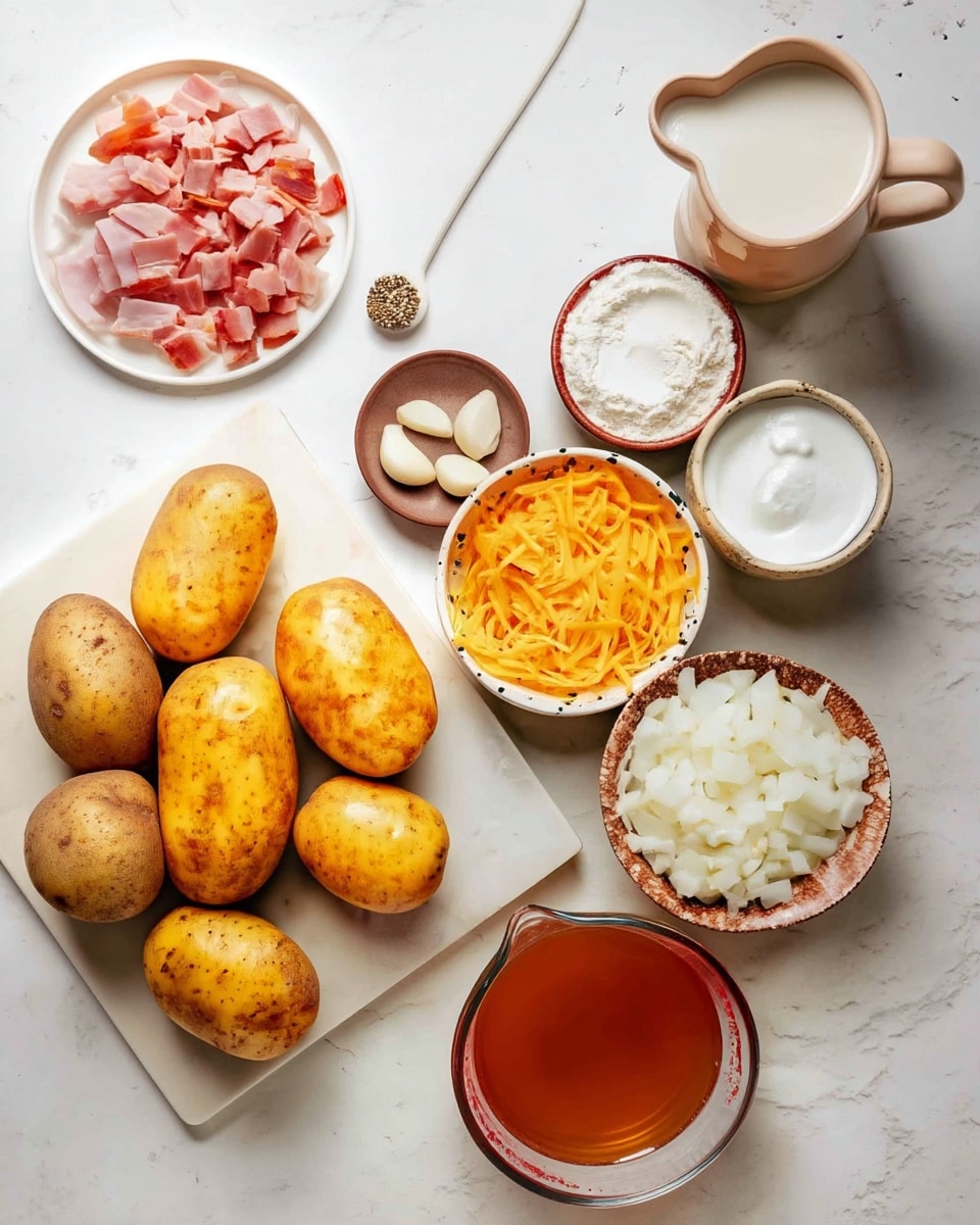 The image shows an arrangement of cooking ingredients placed on a white marbled surface. Starting from the left, there are six whole potatoes with a light brown and slightly rough texture on a white marble board. Above the potatoes, a white plate holds small pieces of pinkish ham. To the right center, a small brown bowl contains four large garlic cloves. Near it, a small white bowl with black speckles is filled with shredded yellow cheddar cheese. Above the cheese, there is a rustic brown bowl filled with white flour. To the right of the flour, a white jug holds milk. Below the jug, a small speckled bowl contains thick white cream. At the bottom right, a reddish-brown bowl holds finely chopped white onions. Lastly, at the bottom center, a glass measuring cup is filled with amber-colored broth or stock. Photo taken with an iphone --ar 4:5 --v 7