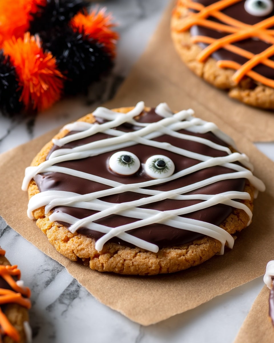 The image shows several round cookies arranged on a metal cooling rack placed on a white marbled surface. Each cookie is decorated to look like a mummy with layers of white icing strips arranged in crisscross patterns, creating a bandage effect covering most of the top surface. At the exposed top part of each cookie, two candy eyes with white and black colors are placed close together, giving a playful, spooky expression. There is a large black and purple decorative spider with glittery pipe cleaner legs sitting on the rack near the cookies. A woman's hand is reaching from the right side, gently holding one of the cookies. photo taken with an iphone --ar 4:5 --v 7