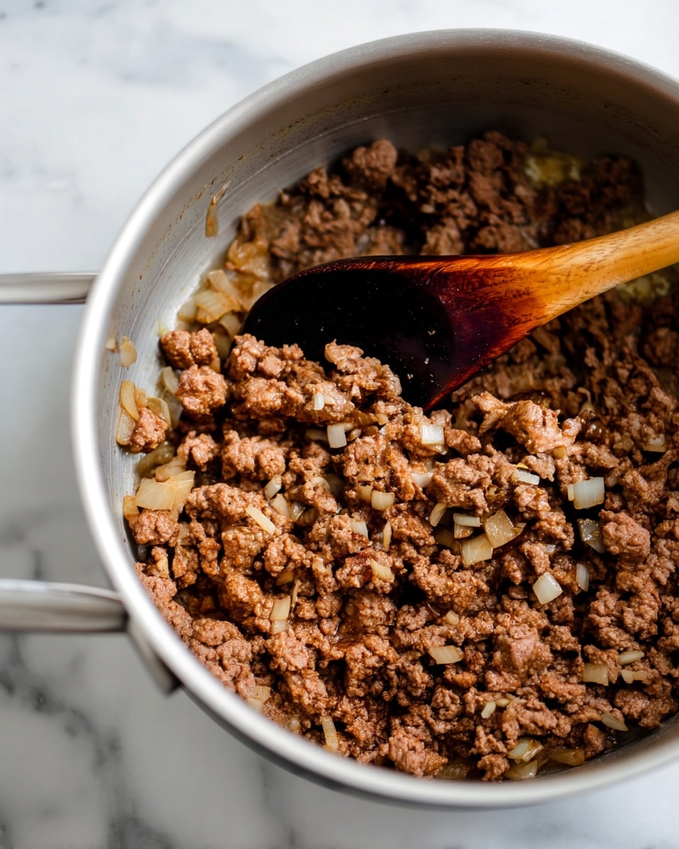 The image shows a close-up of cooked ground meat mixed with small pieces of onions inside a white pot. The ground meat looks brown and crumbly with a slightly moist texture, while the onions appear translucent and soft. A dark wooden spoon rests inside the pot, partially digging into the meat mixture. The pot has a metal handle, and the background suggests a white marbled surface. photo taken with an iphone --ar 4:5 --v 7