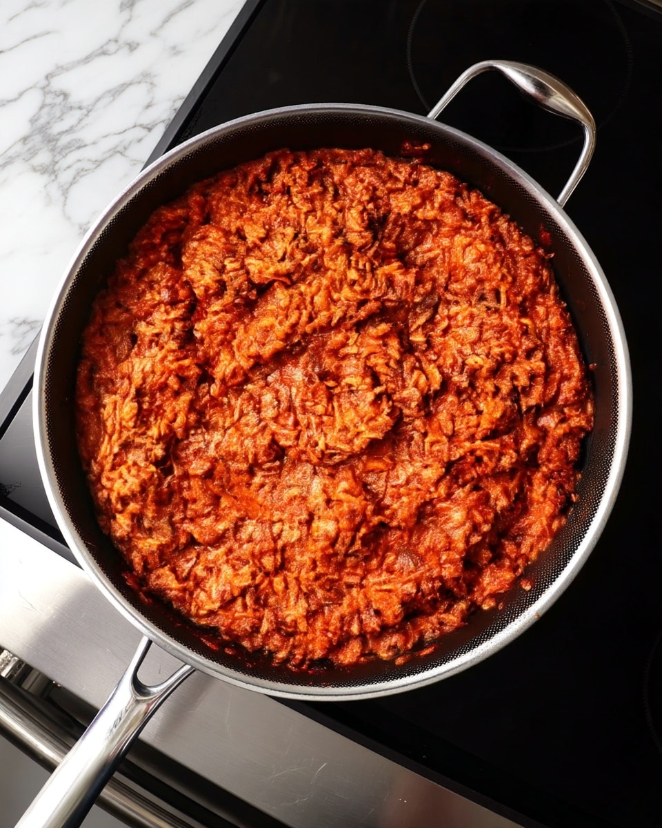 A large black frying pan filled with a thick layer of reddish-brown cooked rice mixed with sauce and small bits of ingredients, showing a slightly uneven texture with a bit of a swirl in the middle. The pan has two shiny metal handles and sits on a black stovetop with a white marbled surface visible around it. The rice layer covers the entire pan evenly, with some clumps giving depth to the texture. Photo taken with an iphone --ar 4:5 --v 7