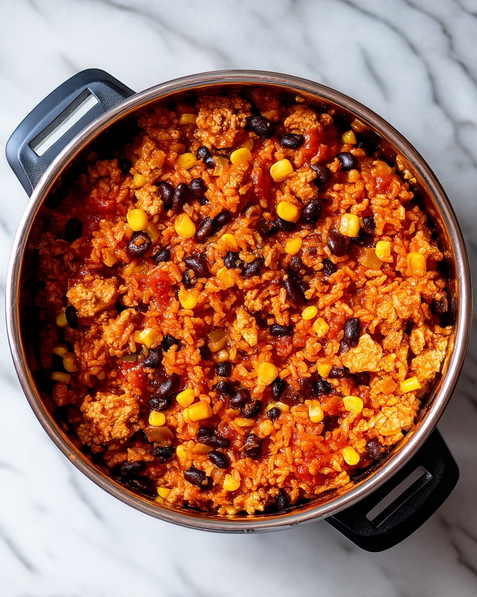 The image shows a close-up view of a round metal pot filled with a mixed dish. The dish has several layers of textures and colors: soft reddish-orange rice mixed with small yellow corn kernels, black beans scattered across, and chunks of light brown cooked meat throughout. The sides inside the pot are shiny and reflective, showing the wet texture of the food. The pot has a black plastic rim and handles, and the background is a white marbled surface. photo taken with an iphone --ar 4:5 --v 7