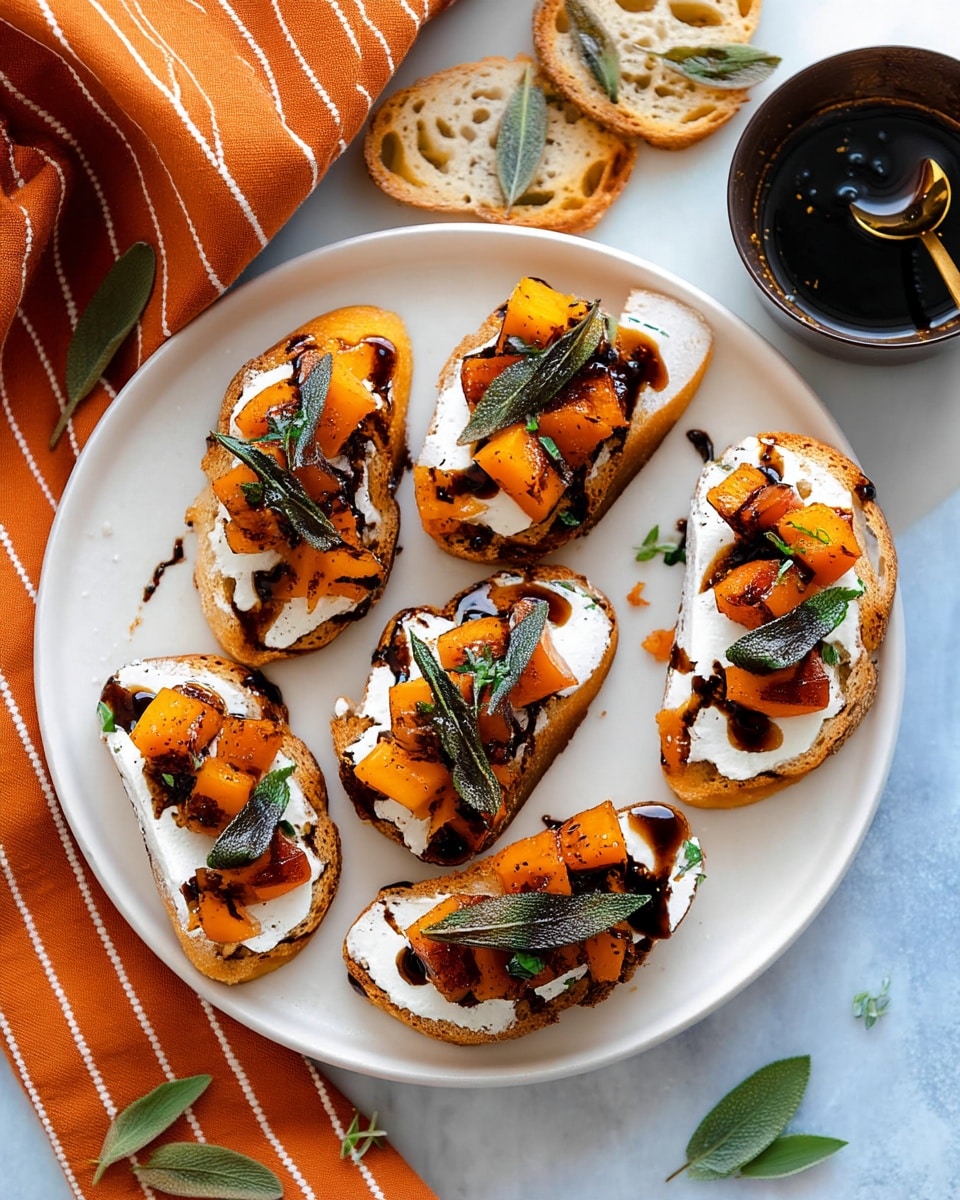 A white plate holds six pieces of toasted bread, each topped with a thick, white creamy spread as the first layer. The second layer consists of small bright orange cubes of roasted squash scattered on top. Each piece is garnished with a dark green fried sage leaf and small sprigs of green herbs. A dark balsamic glaze is drizzled over all the pieces, creating glossy black lines. The plate sits on a surface with a white marbled texture, next to an orange cloth with white stripes and a small bowl containing more of the dark glaze with a golden spoon inside. Additional toasted bread slices and sage leaves are scattered around the scene. Photo taken with an iphone --ar 4:5 --v 7