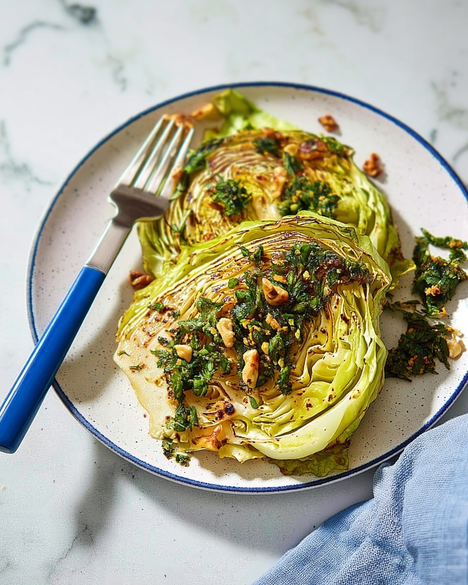 Two thick, round slices of grilled cabbage with charred lines on the pale green and light yellow layers, topped with chopped green herbs mixed with small nut pieces, all placed on a white speckled plate with a thin blue rim. A silver fork with a blue handle rests beside the cabbage on the plate. The plate is set on a white marbled surface with part of a light blue cloth visible at the edge. Photo taken with an iphone --ar 4:5 --v 7