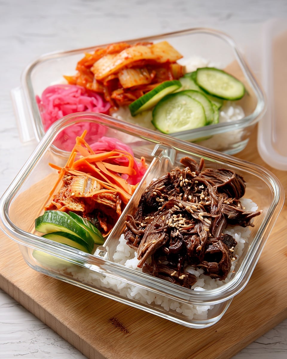Two clear glass meal prep containers sit on a wooden board over a white marbled surface, each divided into two sections. In the larger section, shredded dark brown beef with a glossy texture is sprinkled with white sesame seeds, placed over a bed of fluffy white rice. The smaller section holds thin orange carrot strips, bright green cucumber slices, pink pickled ginger, and a small serving of spicy-looking kimchi with a reddish hue. Transparent lids are stacked beside the containers. photo taken with an iphone --ar 4:5 --v 7