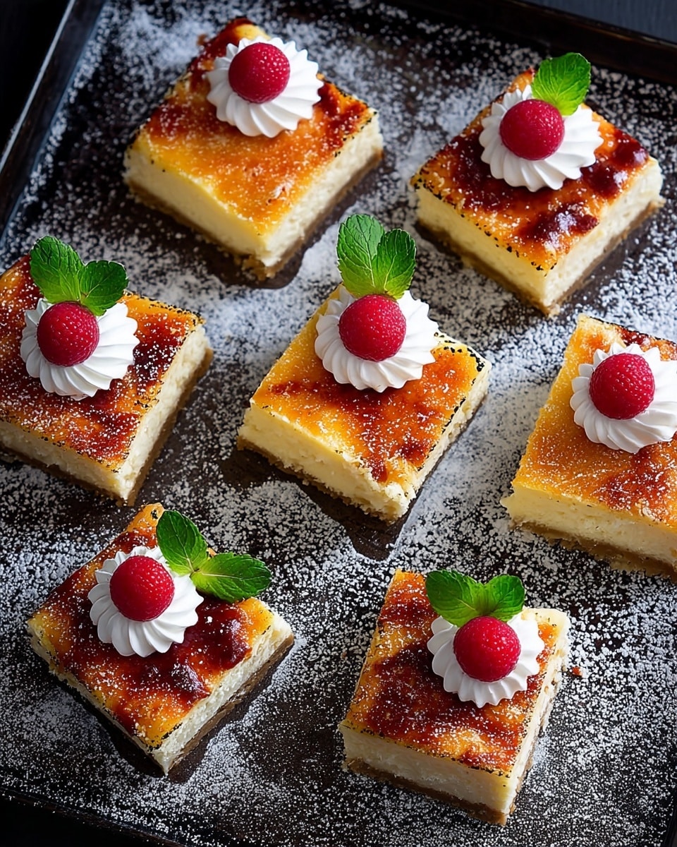The image shows seven square pieces of cheesecake arranged on a dark tray sprinkled lightly with powdered sugar. Each cheesecake has three visible layers: a light brown crumbly base, a thick creamy pale yellow middle, and a caramelized golden brown top. On top of each piece, there is a small white swirl of whipped cream, a bright red raspberry placed in the center, and a small green mint leaf beside the raspberry. One piece is turned on its side, showing the layers clearly. The background is replaced with a white marbled texture. photo taken with an iphone --ar 4:5 --v 7
