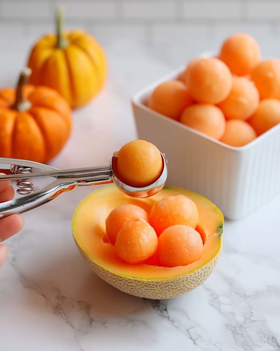 A white marbled surface holds a halved cantaloupe with its inside fully scooped out, showing smooth, bright orange flesh. Above it, a metal ice cream scoop with a shiny, reflective surface is holding a perfect round cantaloupe ball. To the right, a white square bowl contains several more orange cantaloupe balls piled up. In the background, a small yellow pumpkin is softly blurred, adding a warm touch to the composition. A woman's hand is gently holding the scoop at the front left edge. The photo taken with an iphone --ar 4:5 --v 7