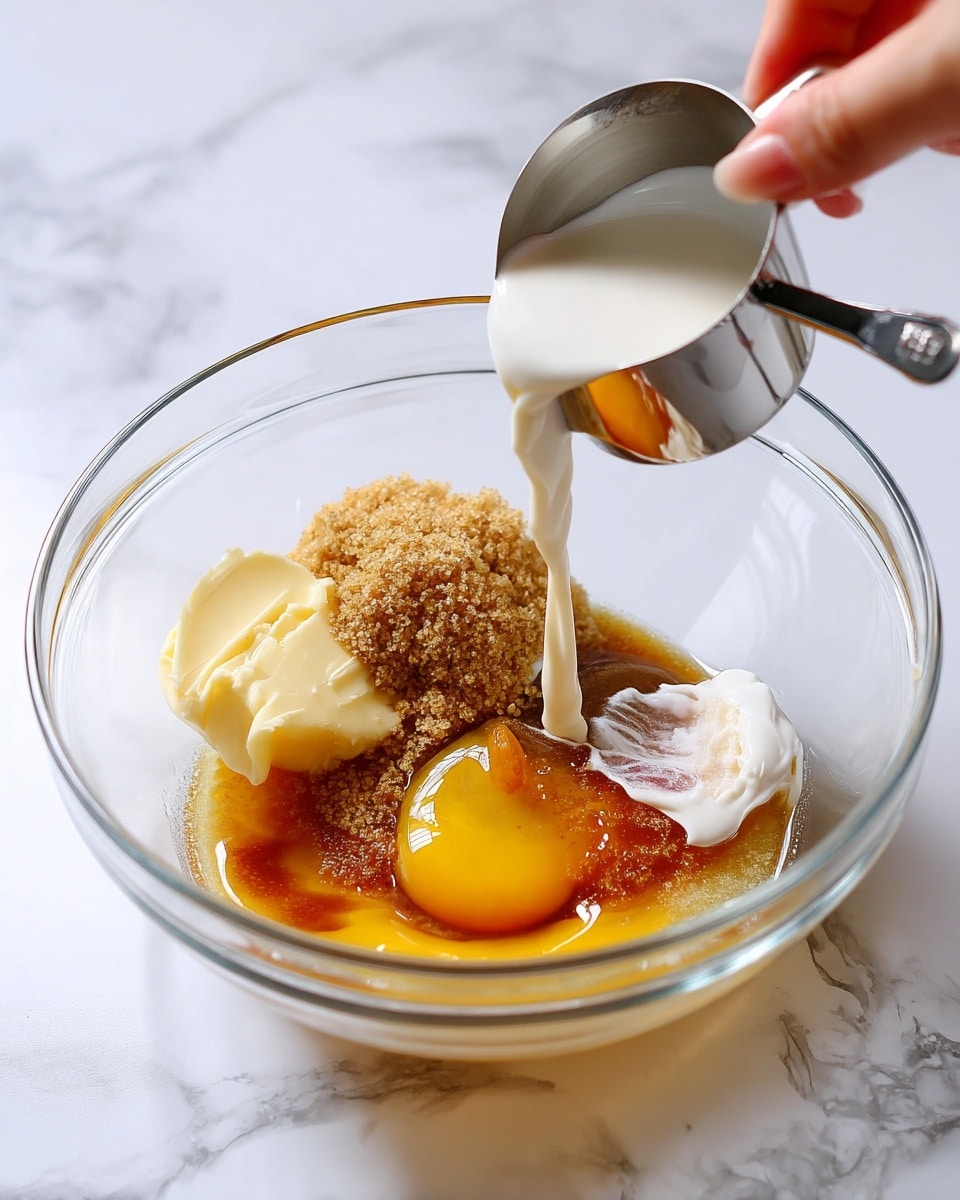 A clear glass bowl sitting on a white marbled surface holds a mix of ingredients before stirring. Inside the bowl, there are several layers: a light yellow creamy butter dollop on the top left, brown sugar granules in the middle left area, a golden syrup-like liquid pooling in the bottom center, and an egg yolk resting on the syrup. A woman’s hand holds a small silver cup, pouring a white liquid into the bowl from the top right corner. The bowl's transparent texture clearly shows all the ingredients and their colors. Photo taken with an iphone --ar 4:5 --v 7