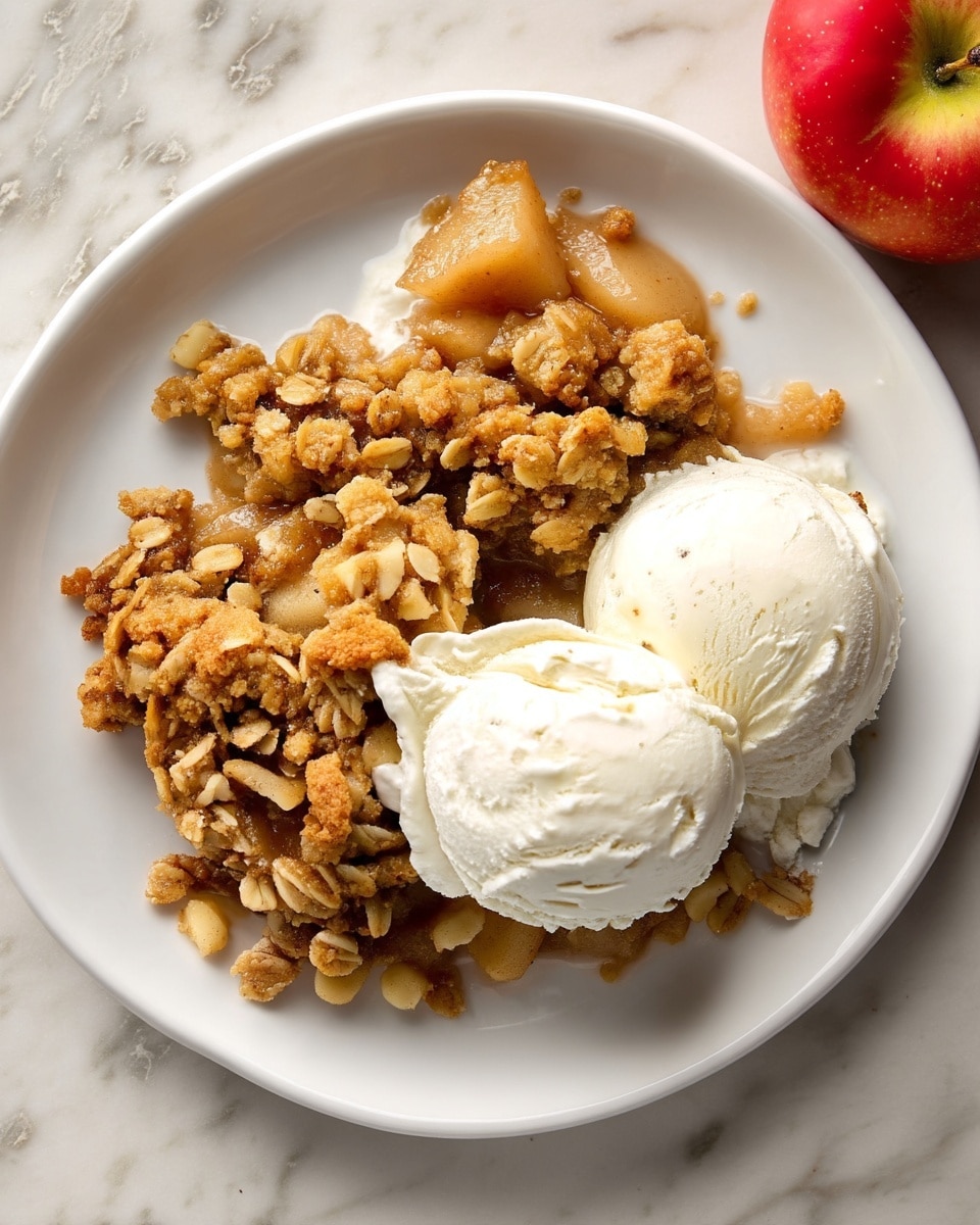 A white plate holds a serving of dessert with two parts: on the left, a thick layer of golden brown apple crumble made of oats and crisp pieces with a crumbly texture, showing bits of soft cooked apple beneath; on the right, there are two smooth, creamy white scoops of vanilla ice cream sitting close together, slightly melting around the edges. The plate is placed on a surface with a white marbled texture, and an apple and part of a baking dish with more crumble are visible nearby. photo taken with an iphone --ar 4:5 --v 7