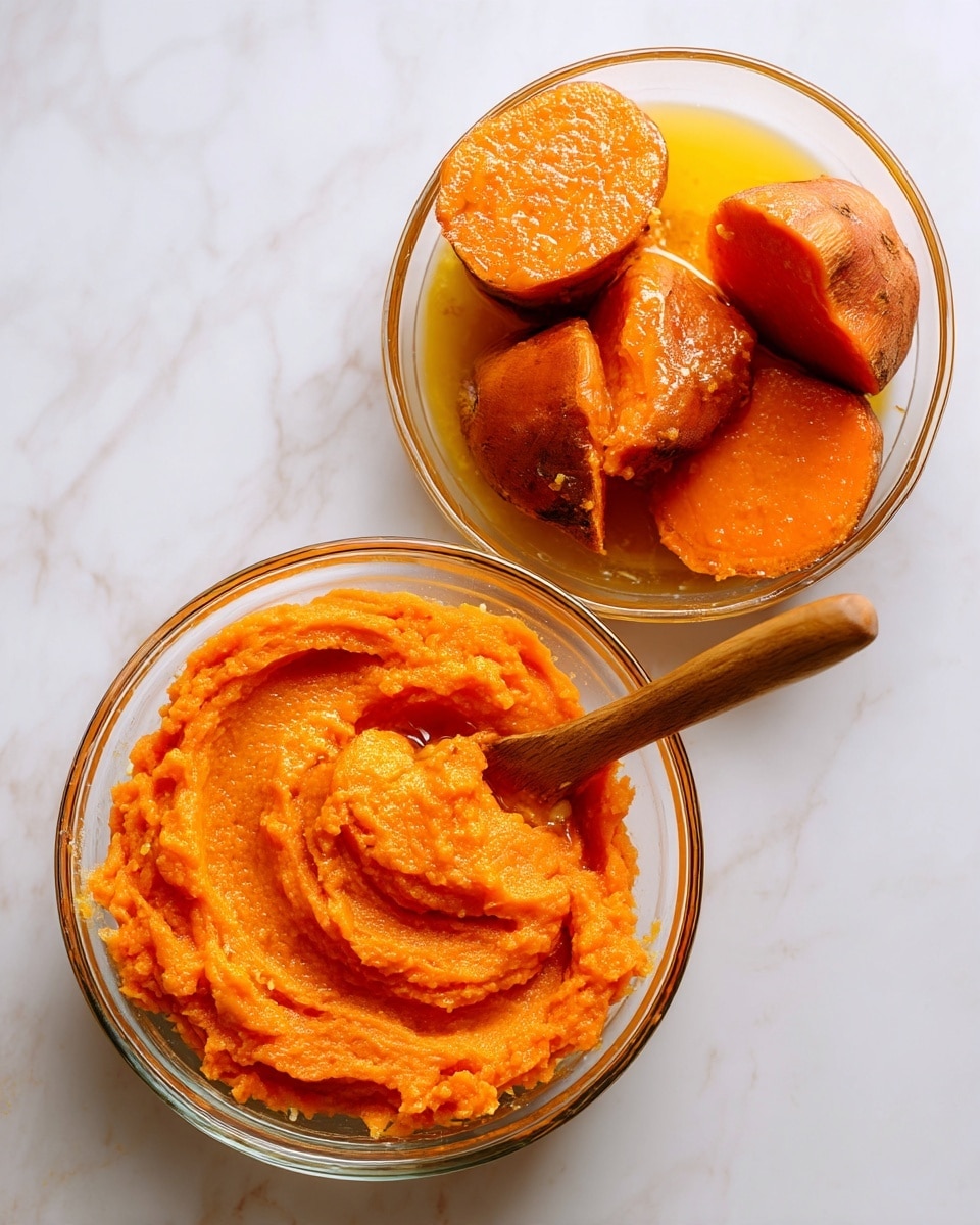 The image shows two glass bowls on a white marbled surface. The first bowl contains three soft, cooked orange sweet potatoes with melted butter pooling around them. The sweet potatoes have a slightly rough, moist texture with some shine from the butter. The second bowl holds a creamy, smooth orange sweet potato mash, thick in texture and swirled gently with a wooden spoon partially visible on the left side. The mash has a bright and even orange color with a slightly grainy texture. photo taken with an iphone --ar 4:5 --v 7