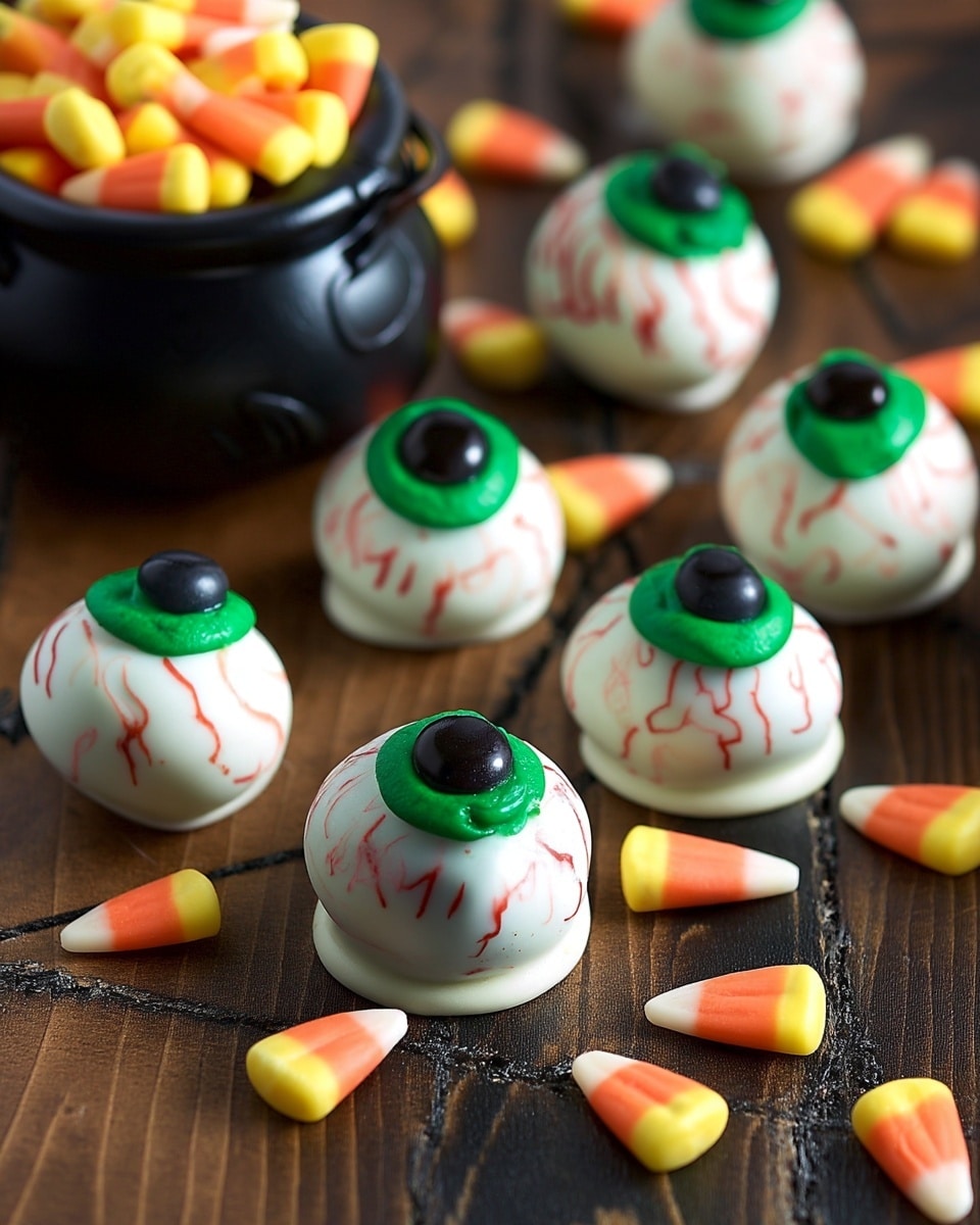 The image shows many round white treats shaped like eyeballs scattered on a dark wooden surface with carved lines. Each eyeball has a bright green ring near the center, a black round pupil in the middle, and red squiggly lines around the green ring to look like veins. There are also two small black pot-shaped bowls filled with orange, yellow, and white candy corn, with some candy corn spilled around them. A dark glass bottle with a cork and twine tied around its neck is placed near the top left side. The overall setting feels festive and spooky. Photo taken with an iphone --ar 4:5 --v 7