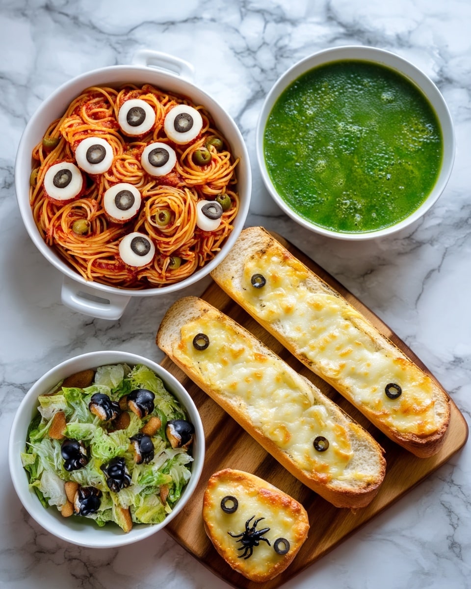 The image shows four dishes arranged on a surface with a white marbled texture. Starting from the top left, there is a white bowl filled with spaghetti covered in a red sauce, topped with white circular slices of cheese decorated with black olive rings to look like eyes. Above it to the right is a white bowl with a green soup that includes light slices of banana floating on the surface. Below the spaghetti, there is a white bowl containing a green salad with small black olive spiders resting on top, each spider made from several olive pieces. On the right side of the image, there is a wooden board holding two long slices of garlic bread with melted cheese strips and black olive slices placed to look like eyes, making each bread piece resemble a mummy. The overall look is playful and colorful. photo taken with an iphone --ar 4:5 --v 7