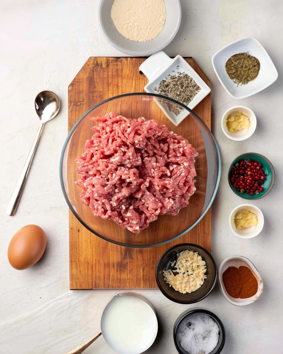 A clear glass bowl with a pile of pink ground meat sits on a wooden cutting board placed on a white marbled surface. Around the cutting board, there are small bowls and dishes containing different spices and ingredients: light beige powder in a white bowl at top, coarse black pepper in a small white square dish, greenish dried herb in a white square dish, an egg with brown shell sitting alone, bright red peppercorns in a small dark green bowl, minced garlic in a tiny white bowl, light beige flakes in a small black bowl, reddish-brown spice in a small white bowl, white liquid in a white cup with a metallic spoon, and coarse white salt in a small black bowl. All items are neatly arranged around the cutting board, creating a tidy and organized scene. photo taken with an iphone --ar 4:5 --v 7