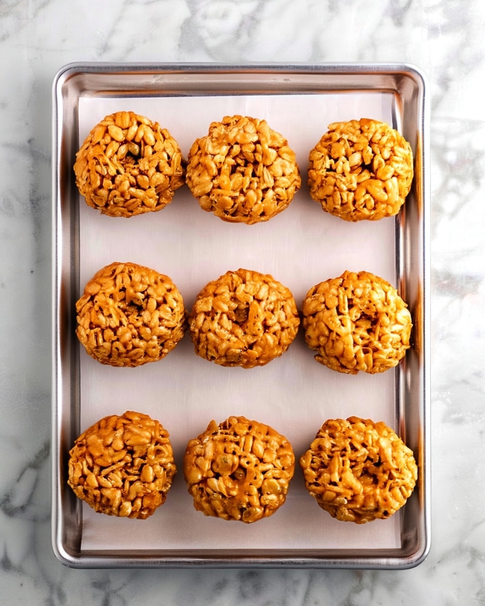 There are nine round treats made from puffed rice and a sticky caramel-colored syrup, arranged neatly in three rows of three on a shiny metal baking tray lined with white parchment paper. Each treat looks rough in texture with puffed rice grains visibly stuck together, and they have a small hole in the center, resembling small rice cereal donuts. The tray sits on a white marbled surface, creating a clean and bright background. photo taken with an iphone --ar 4:5 --v 7