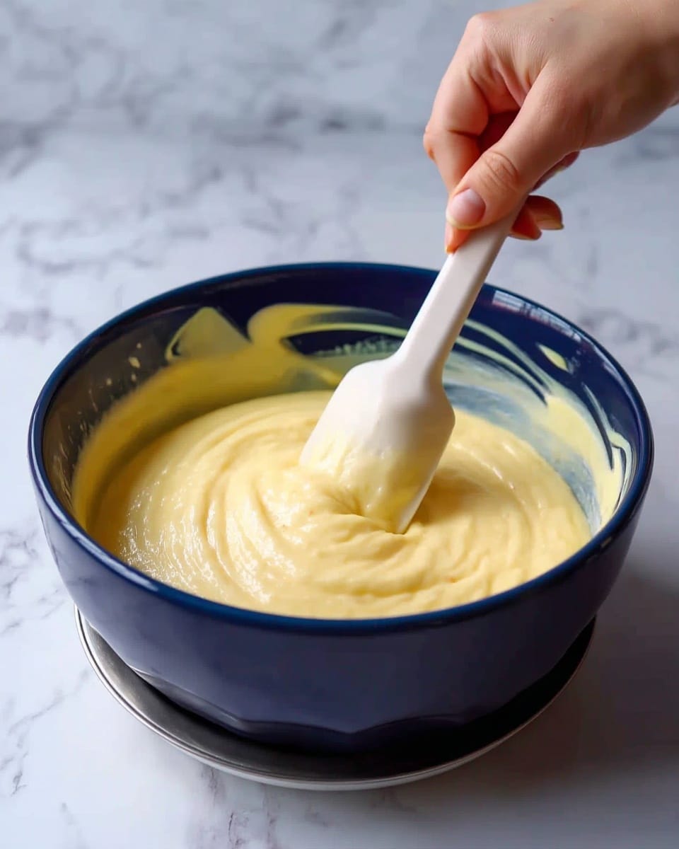 A woman's hand is holding a white spatula lifting thick, smooth, pale yellow batter from a deep dark blue bowl. The bowl is placed on top of a stainless steel container, and the background features a white marbled surface. The batter looks creamy and soft, and the bowl has a shiny finish. Photo taken with an iphone --ar 4:5 --v 7