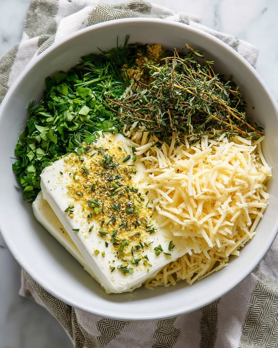 A white bowl holds a mixture of ingredients arranged in separate parts: on the left side, there is bright green chopped fresh herbs with a leafy texture; near the top center are some darker green thin herb sprigs; on the right side, a pale yellow pile of shredded cheese with a soft, thin texture; in the bottom center and lower right, two thick rectangular blocks of creamy white soft cheese, topped with a light sprinkling of light yellow and green powdered spices and small bits of herbs. The bowl sits on a white marbled surface with a cloth partially visible underneath. Photo taken with an iphone --ar 4:5 --v 7