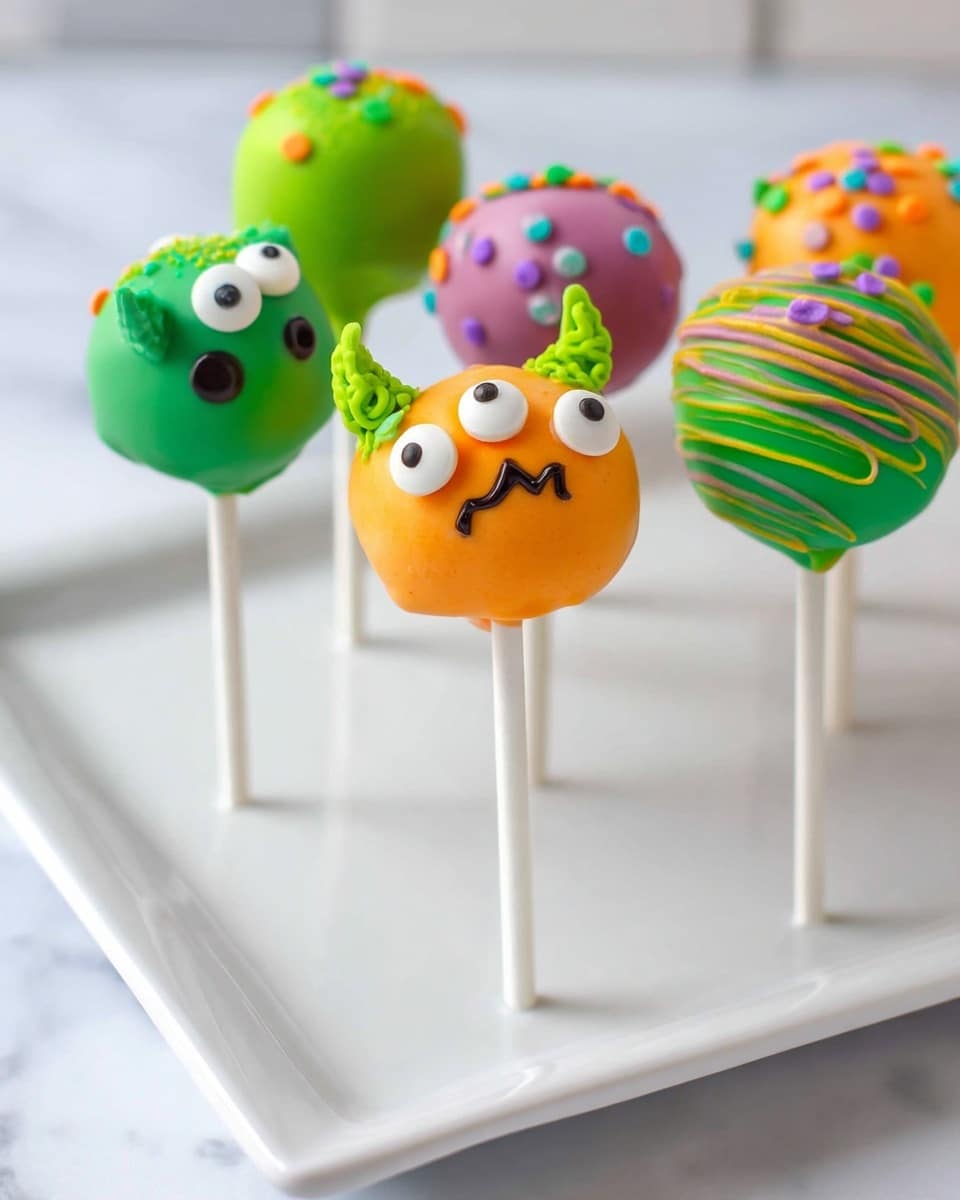 The image shows a white tray with colorful cake pops arranged on it. The cake pops have a round shape on white sticks, with layers of smooth, shiny icing in different colors: bright orange with small round purple and green sprinkles, solid green with white candy eyes and two green candy horns, and dark green with pink and yellow drizzle lines. The orange cake pop with eyes and horns is in the center, catching attention. The tray rests on a white marbled surface, and there are more cake pops on white sticks with green and purple handles placed beside the tray. photo taken with an iphone --ar 4:5 --v 7