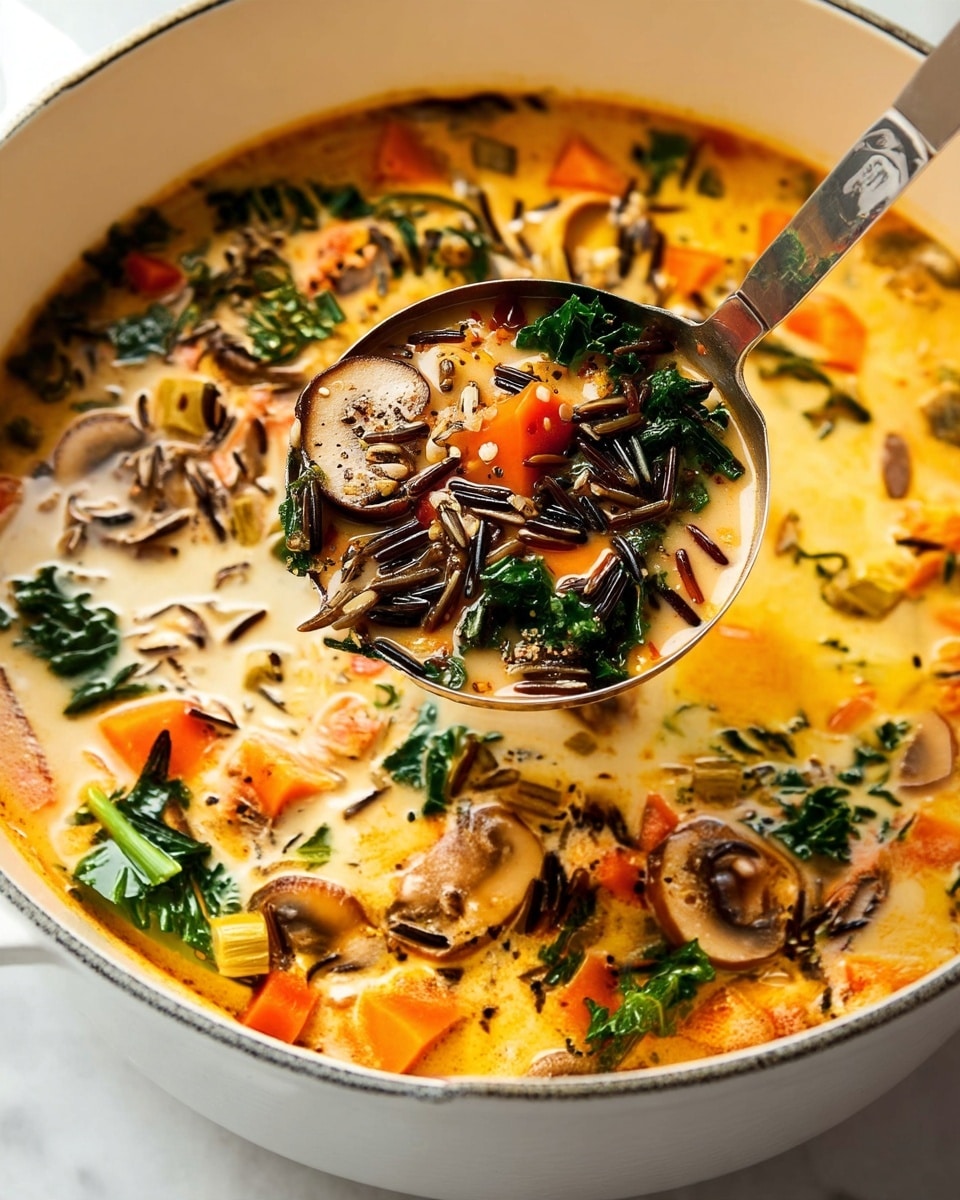 The image shows two white bowls filled with creamy soup placed on a white marbled surface. The soup has three main layers: the creamy, light brown broth forms the base; floating on top are chunks of bright orange sweet potatoes, dark green kale leaves, and slices of brown mushrooms, adding texture and color contrast; scattered throughout are small strands of wild rice, thin and dark, spreading across the surface. In the bowl at the bottom, a spoon with a wooden handle rests inside the soup, surrounded by the visible ingredients. The scene is bright and cozy. photo taken with an iphone --ar 4:5 --v 7
