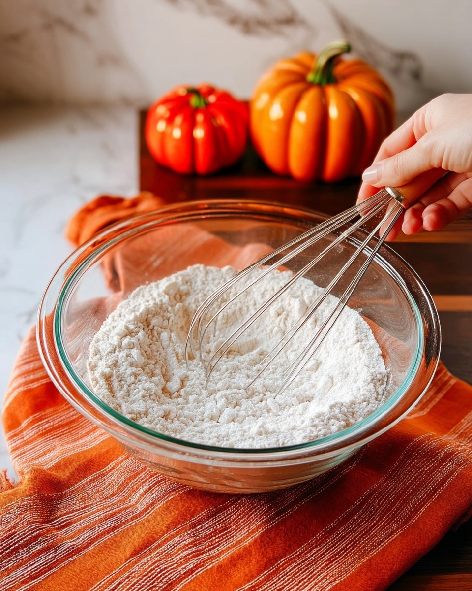 A clear glass bowl filled with white flour is placed on a wooden surface with two small pumpkin-shaped decorations and an orange striped cloth in the background. A metal whisk is resting inside the bowl, partly buried in the flour. A woman’s hand holds the whisk, poised to mix. The setting gives a warm, cozy feeling with the pumpkins and wooden texture around the bowl, all on a white marbled surface. Photo taken with an iphone --ar 4:5 --v 7