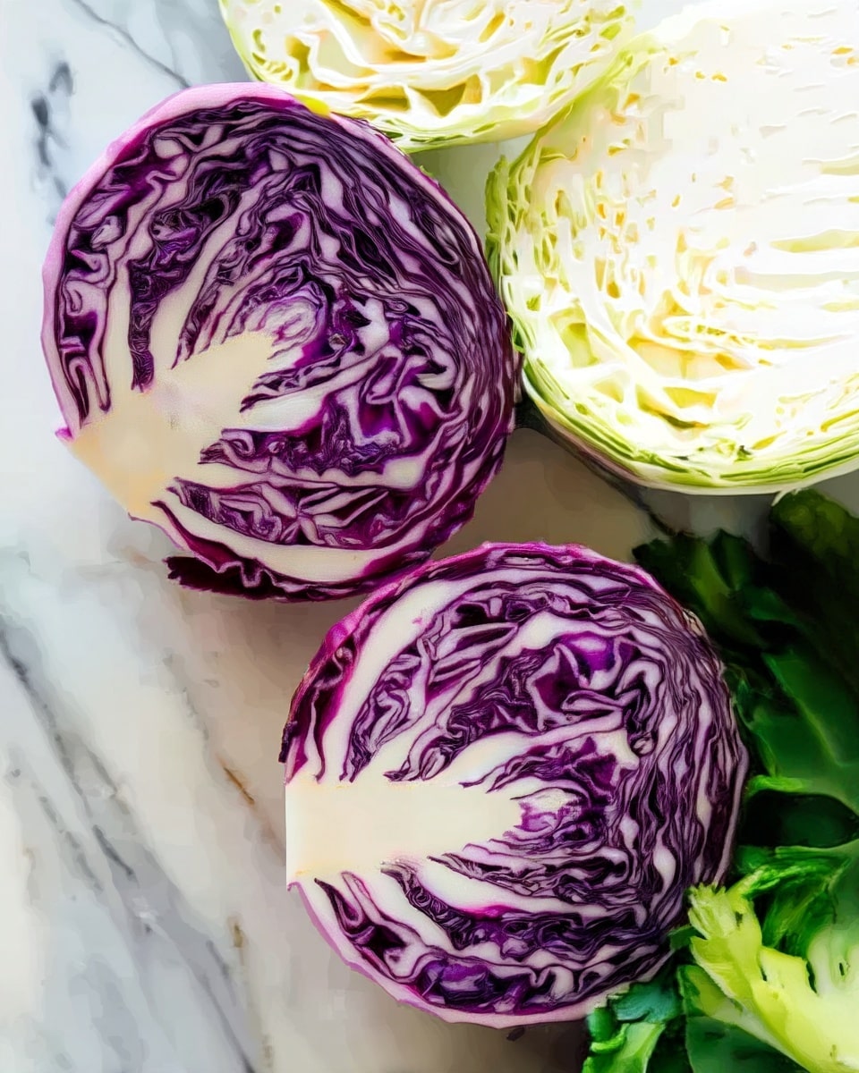 The image shows two halves of a purple cabbage and two halves of a pale green cabbage placed on a white marbled surface. The purple cabbage is detailed with tightly packed, wavy layers in deep purple and white veins radiating from the center, creating a natural pattern. The green cabbage halves display light creamy-green layers densely folded in a smooth, round shape, contrasting softly with the purple cabbage. Some green leaves are partially visible near the cabbages, adding a fresh touch. Photo taken with an iphone --ar 4:5 --v 7